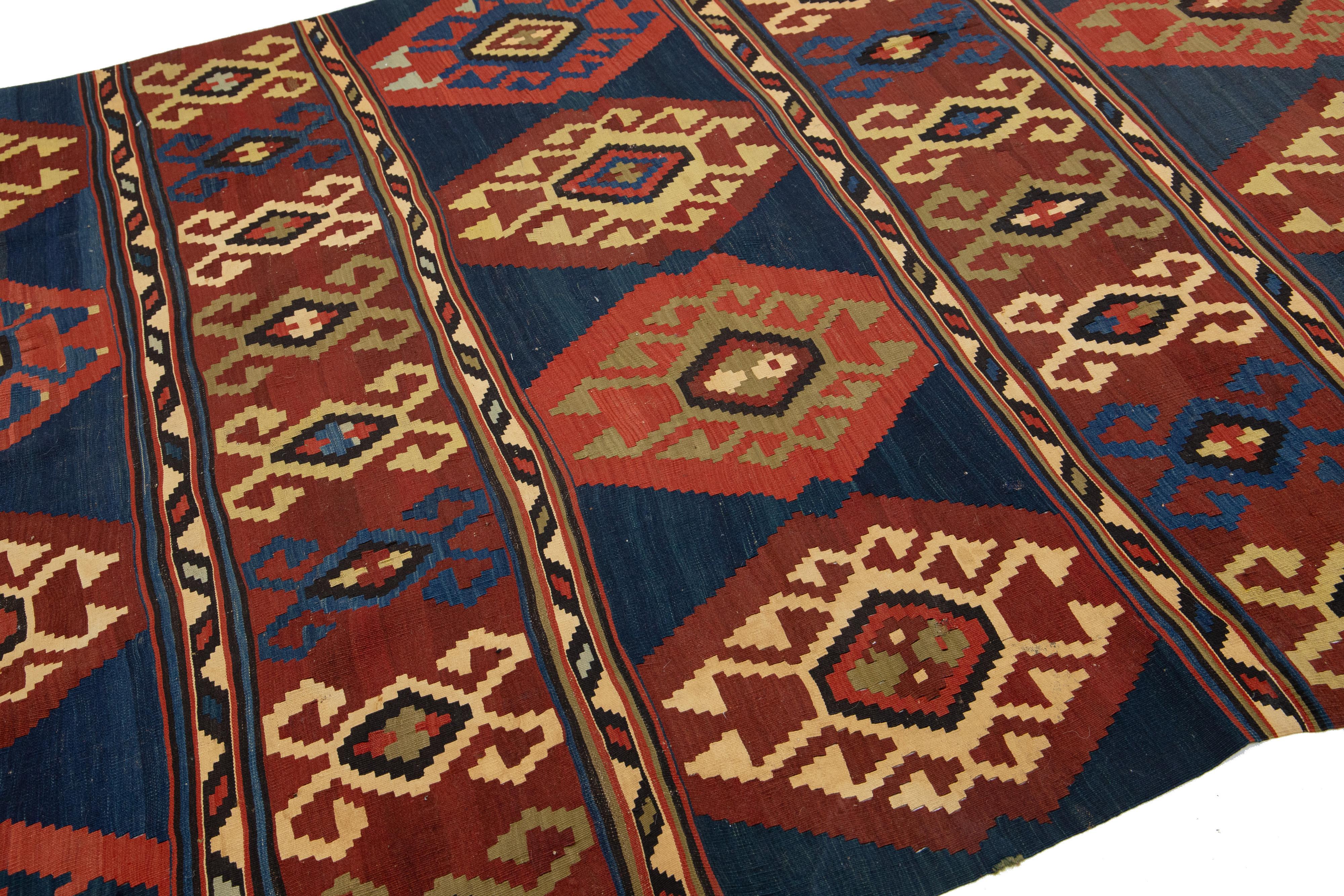 Handmade Vintage Turkish Kilim Wool Rug Allover Geometric In Blue and Red For Sale 2