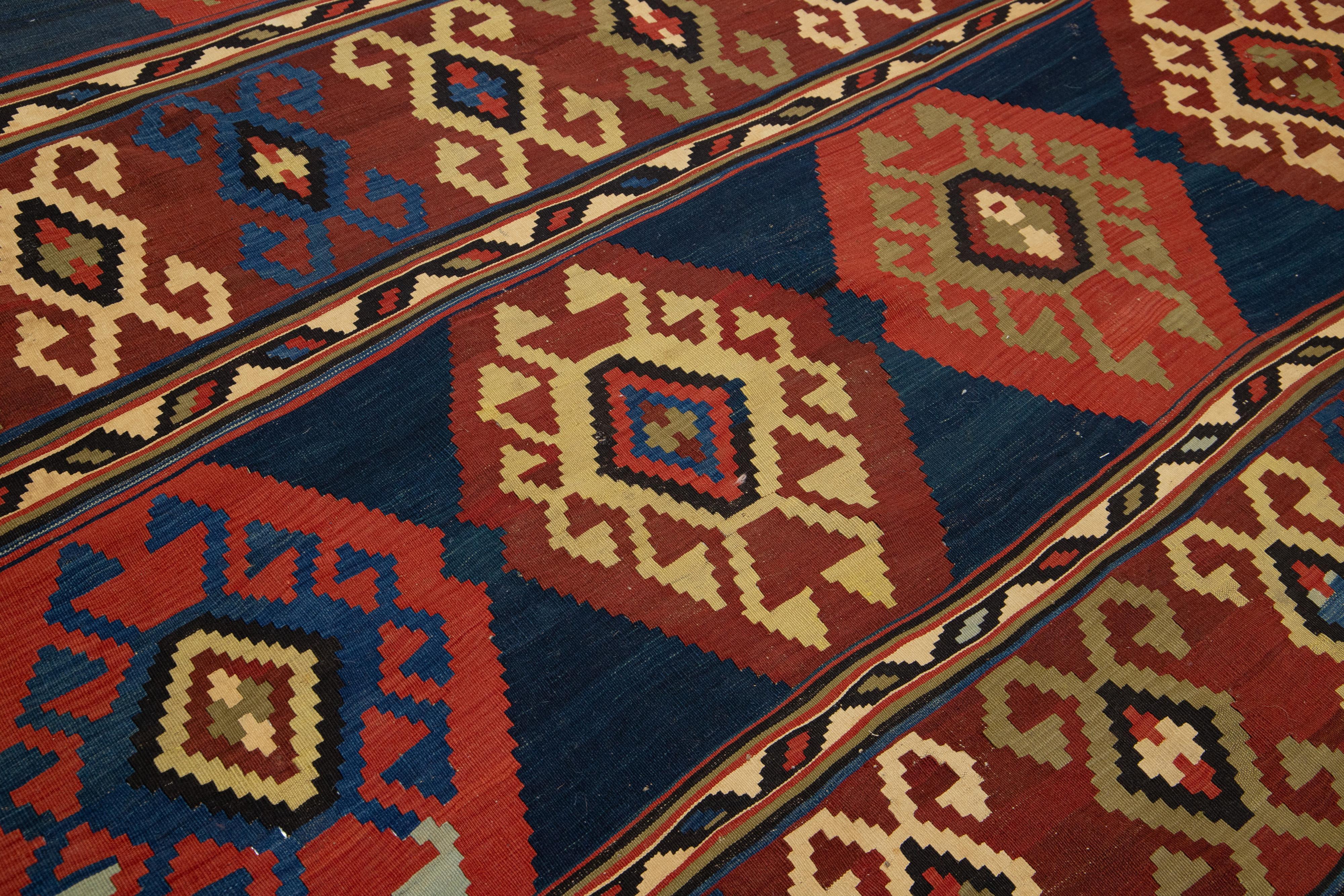 Handmade Vintage Turkish Kilim Wool Rug Allover Geometric In Blue and Red For Sale 3
