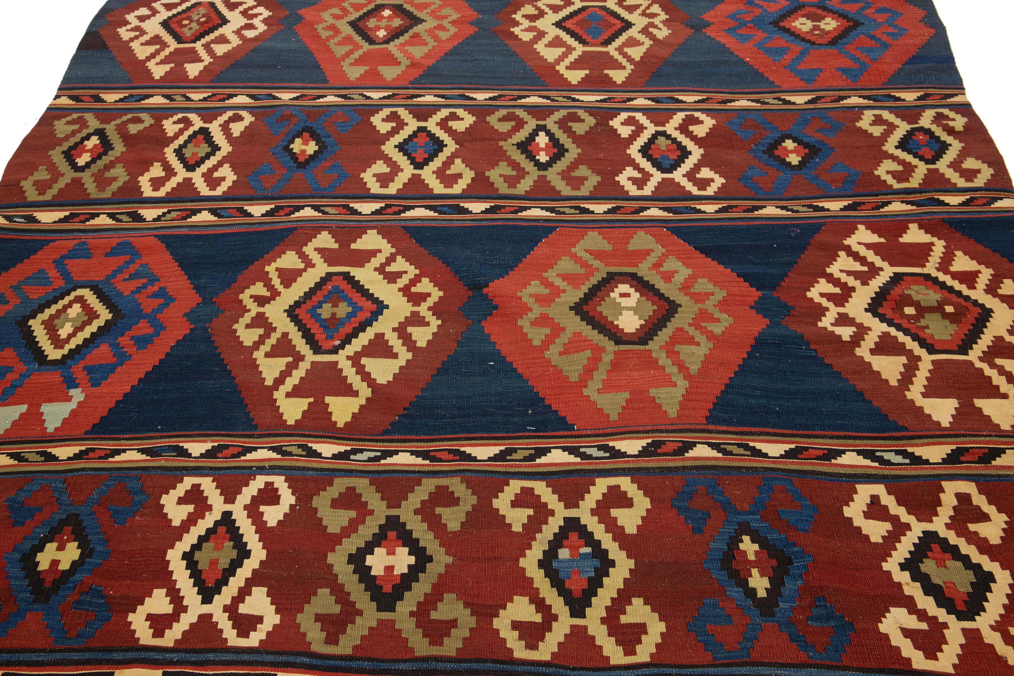 Handmade Vintage Turkish Kilim Wool Rug Allover Geometric In Blue and Red For Sale 4