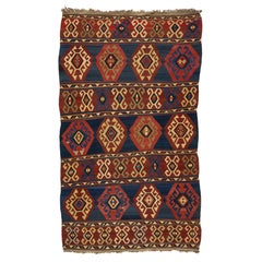Handmade Vintage Turkish Kilim Wool Rug Allover Geometric In Blue and Red