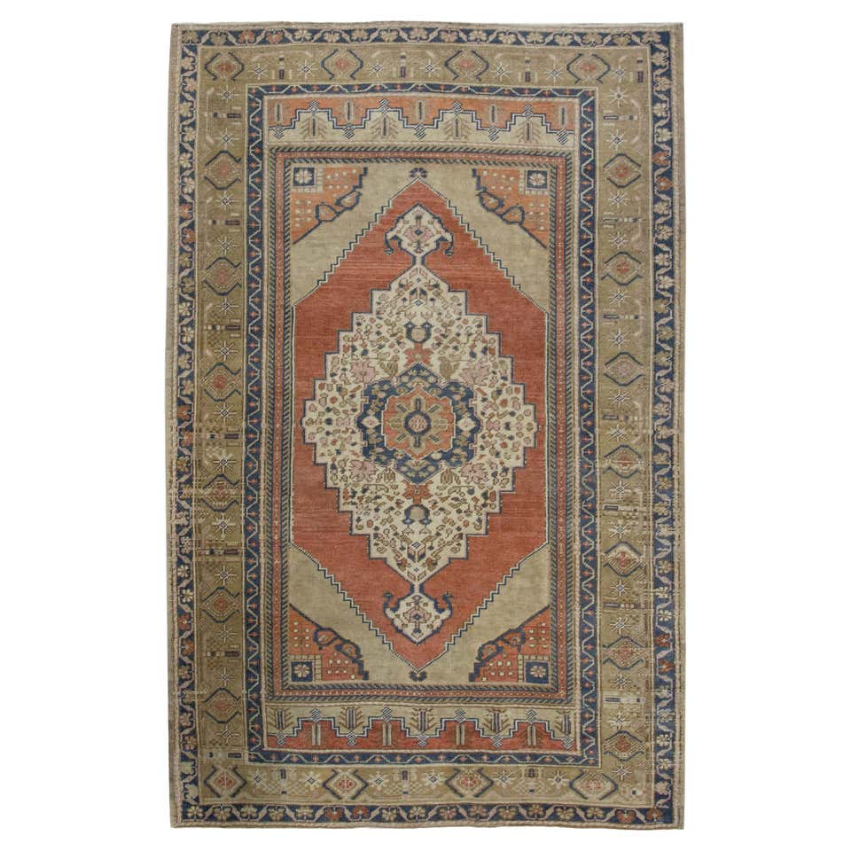 Vintage Turkish Embroidered Rug with Geometric Diamond Design in Green ...