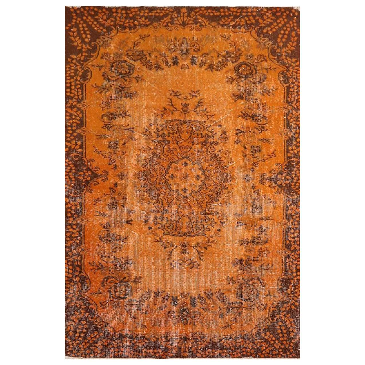 4x7 Ft Handmade Vintage Turkish Rug with Garden Design Over-Dyed in Orange Color