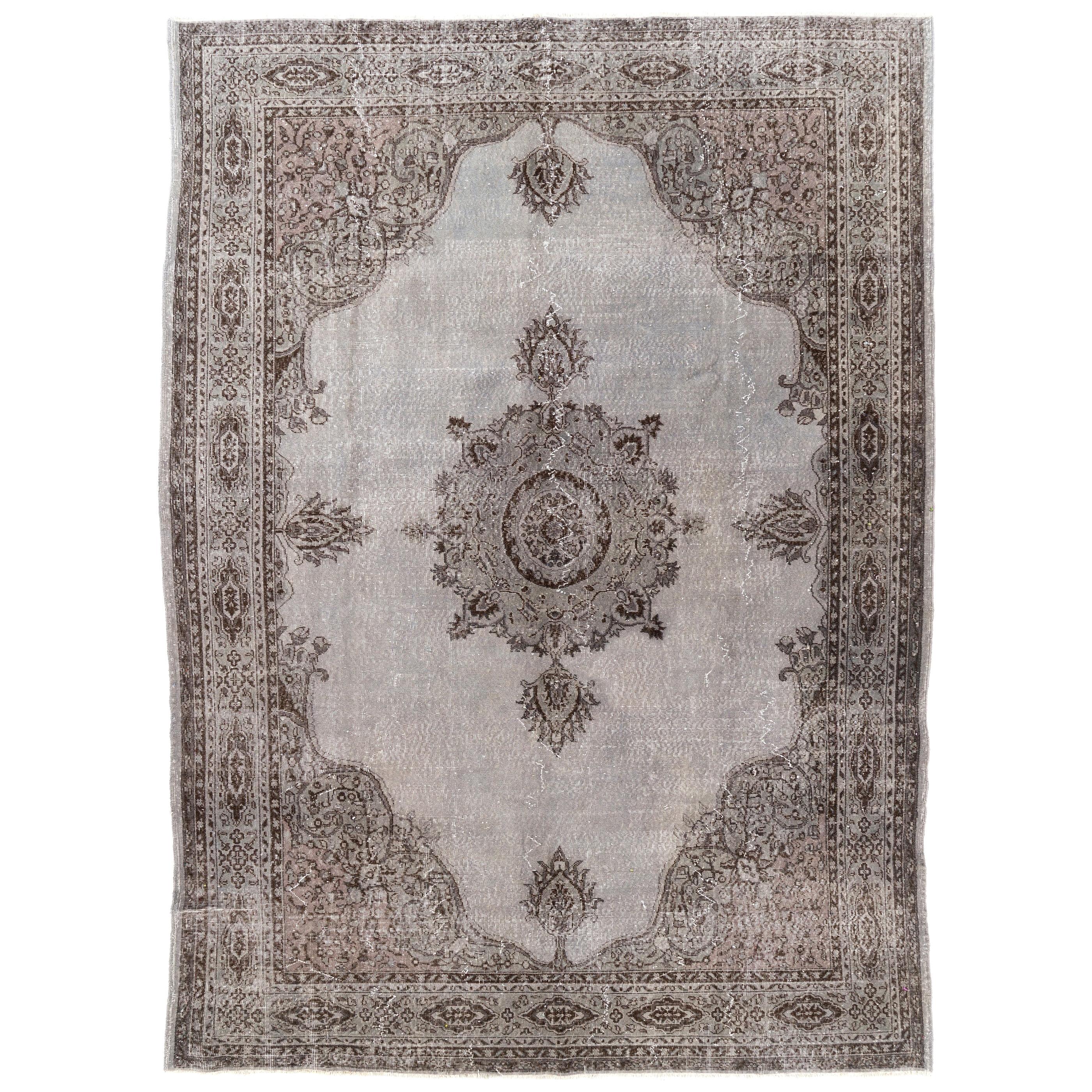5x9.3 Ft Vintage Handmade GardenThemed Turkish Wool Rug in Light Taupe