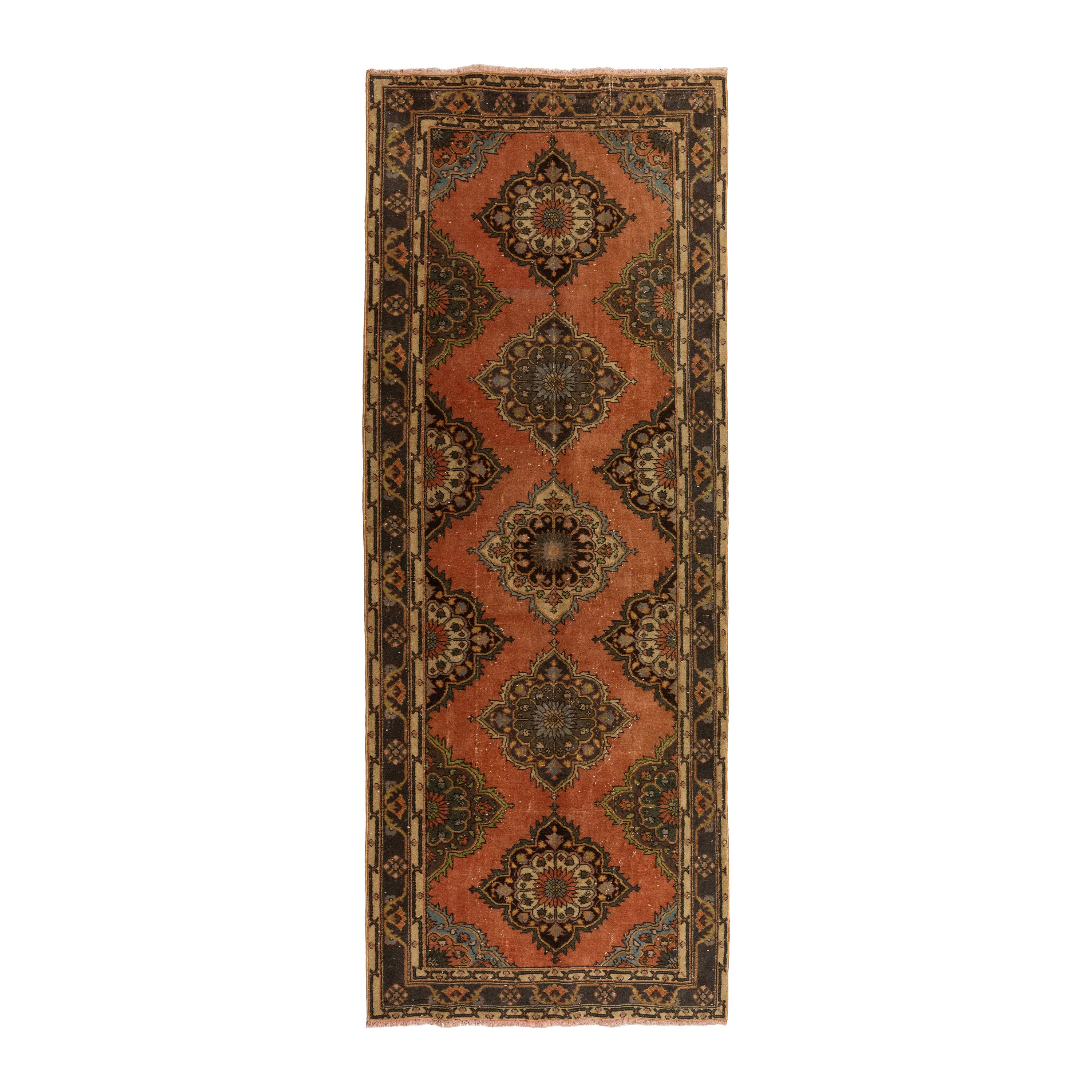 Tapis de couloir en laine vintage fait à la main en rouge, marron et beige 4,5x11,7 Ft pour Corridor