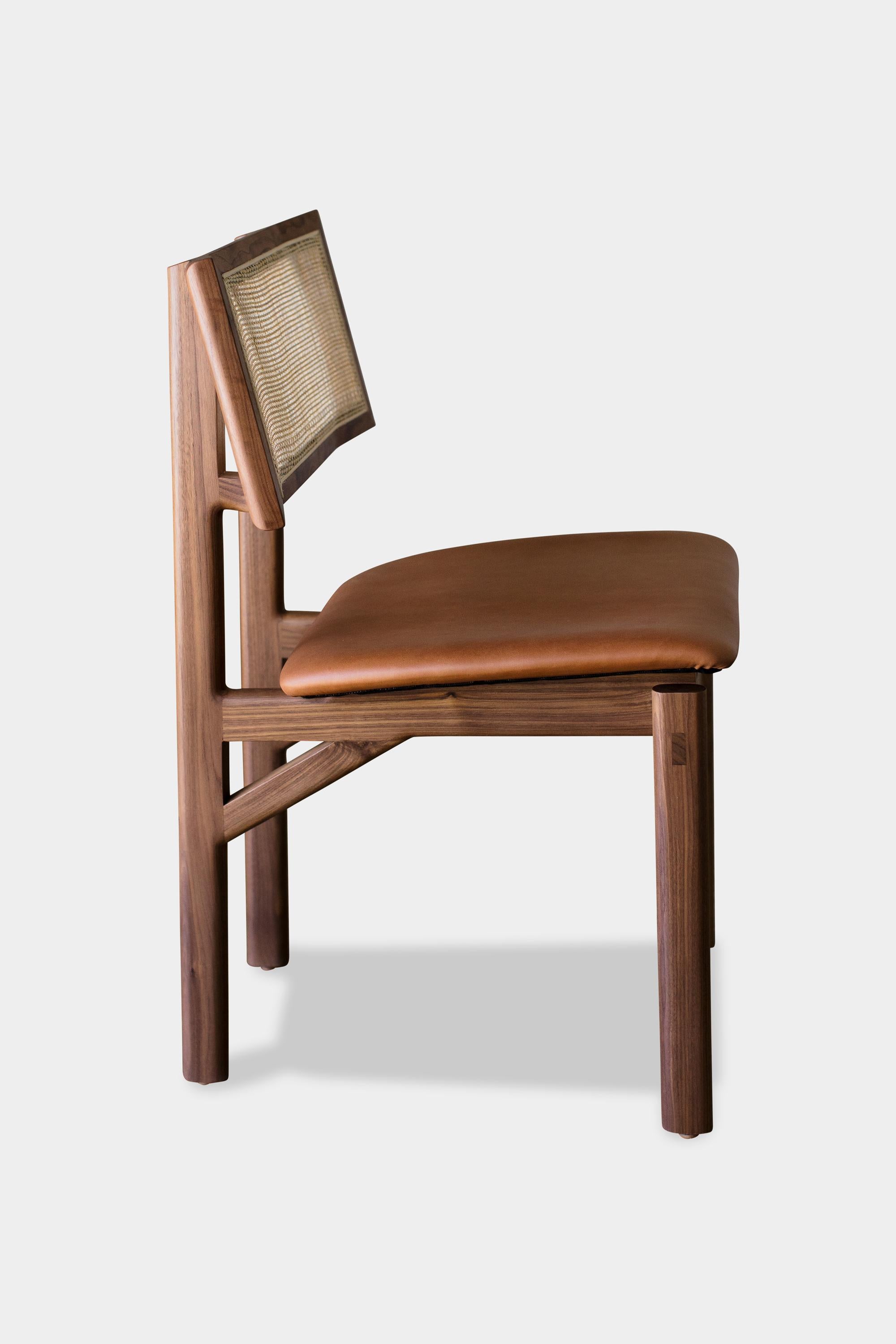 Handmade Walnut Kunai Dining Chair with Camel Leather Upholstery For Sale 3