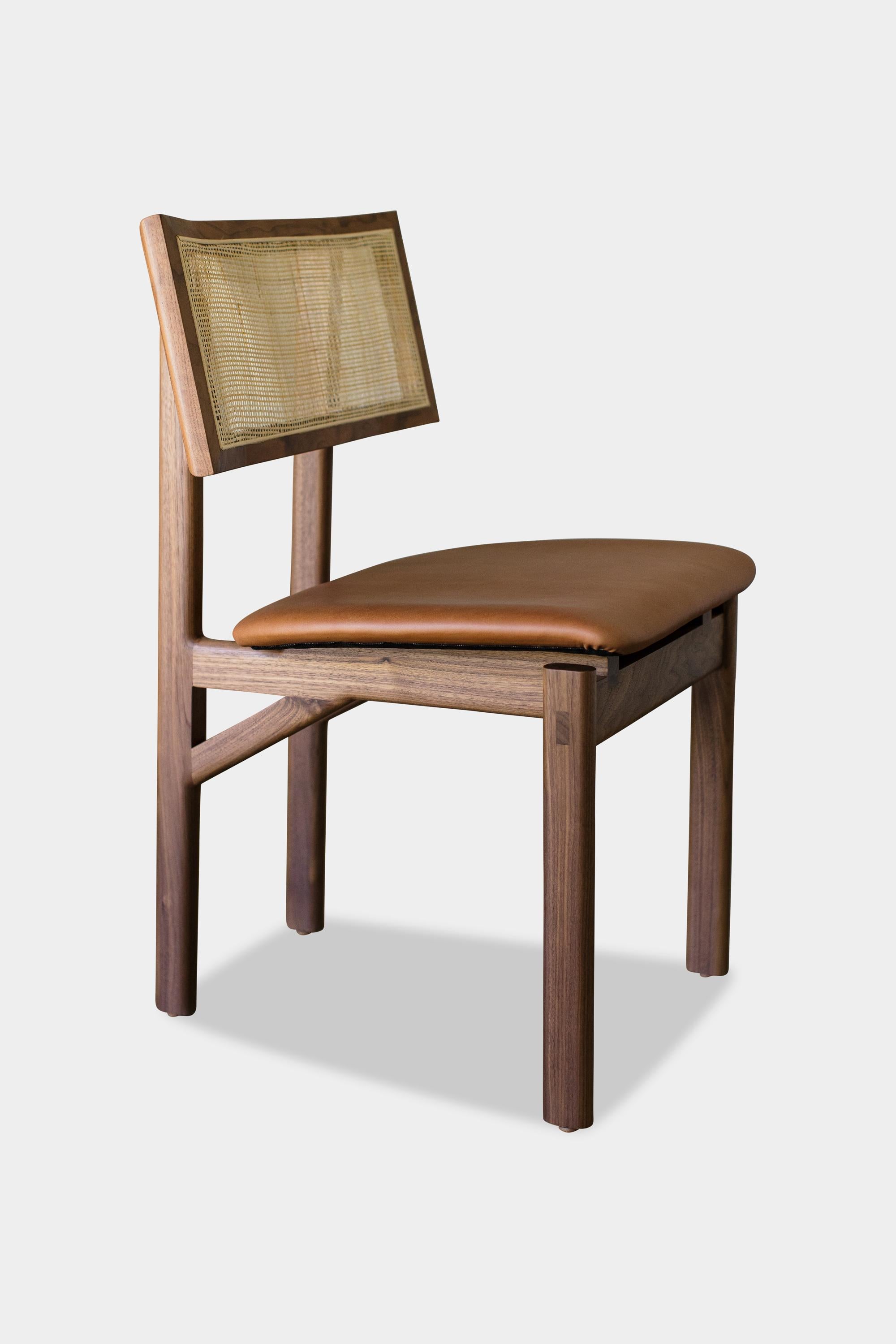 American Handmade Walnut Kunai Dining Chair with Camel Leather Upholstery For Sale