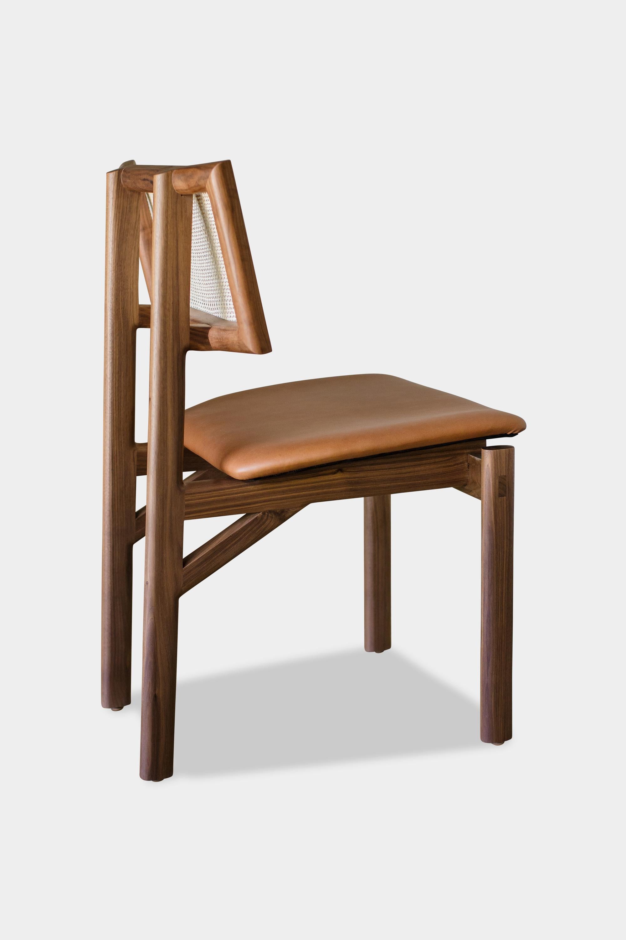 Blackened Handmade Walnut Kunai Dining Chair with Camel Leather Upholstery For Sale