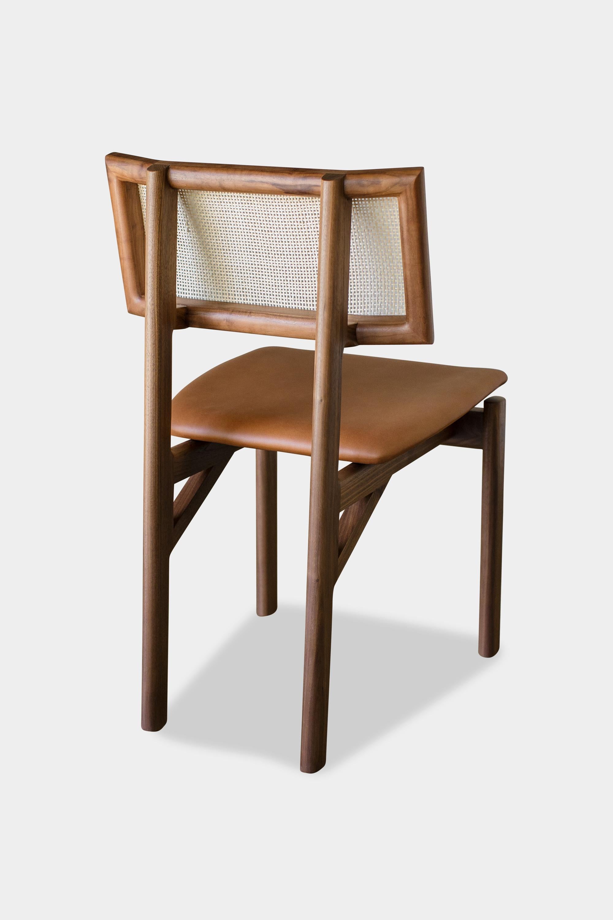 Handmade Walnut Kunai Dining Chair with Camel Leather Upholstery In New Condition For Sale In North Hollywood, CA
