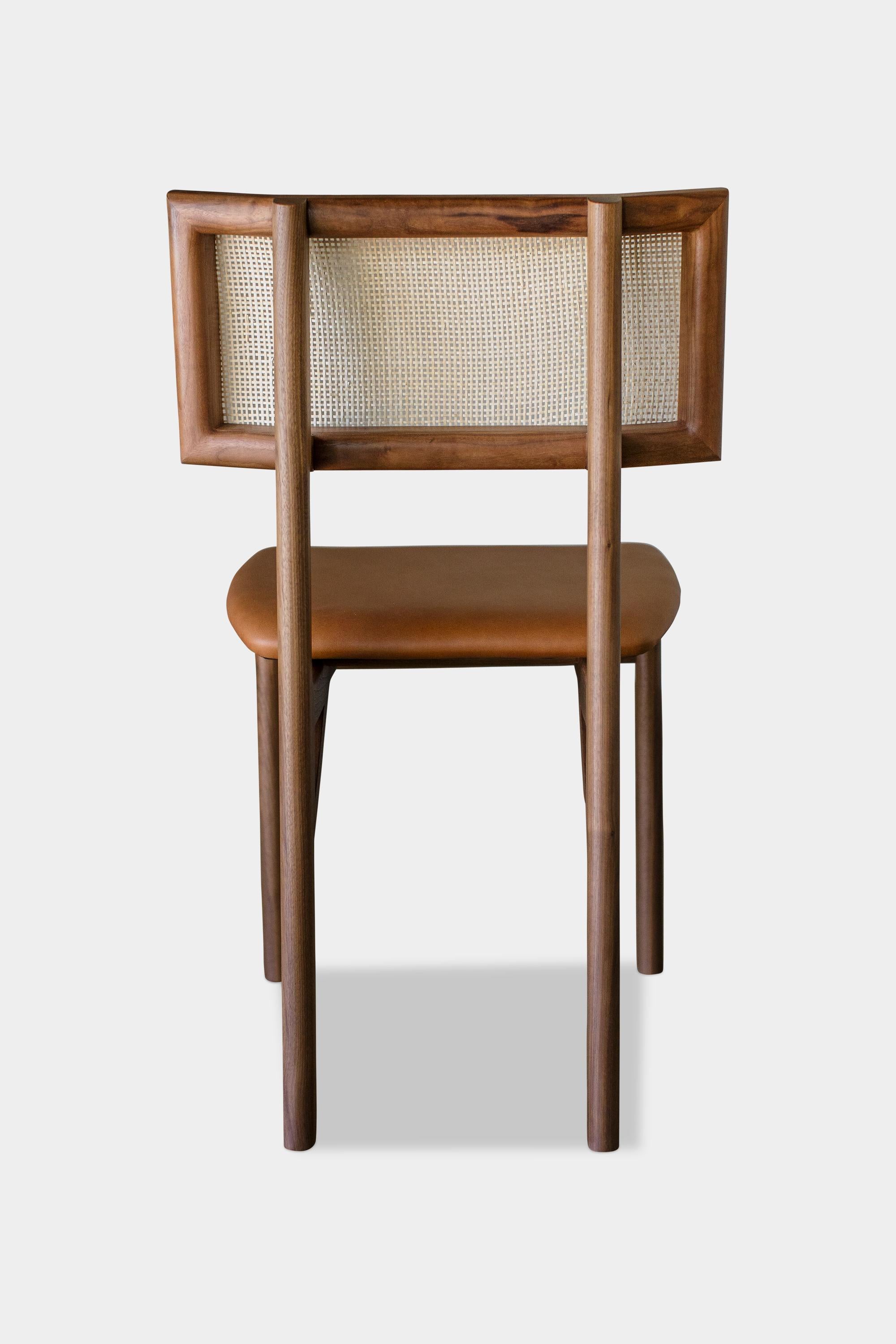 Contemporary Handmade Walnut Kunai Dining Chair with Camel Leather Upholstery For Sale