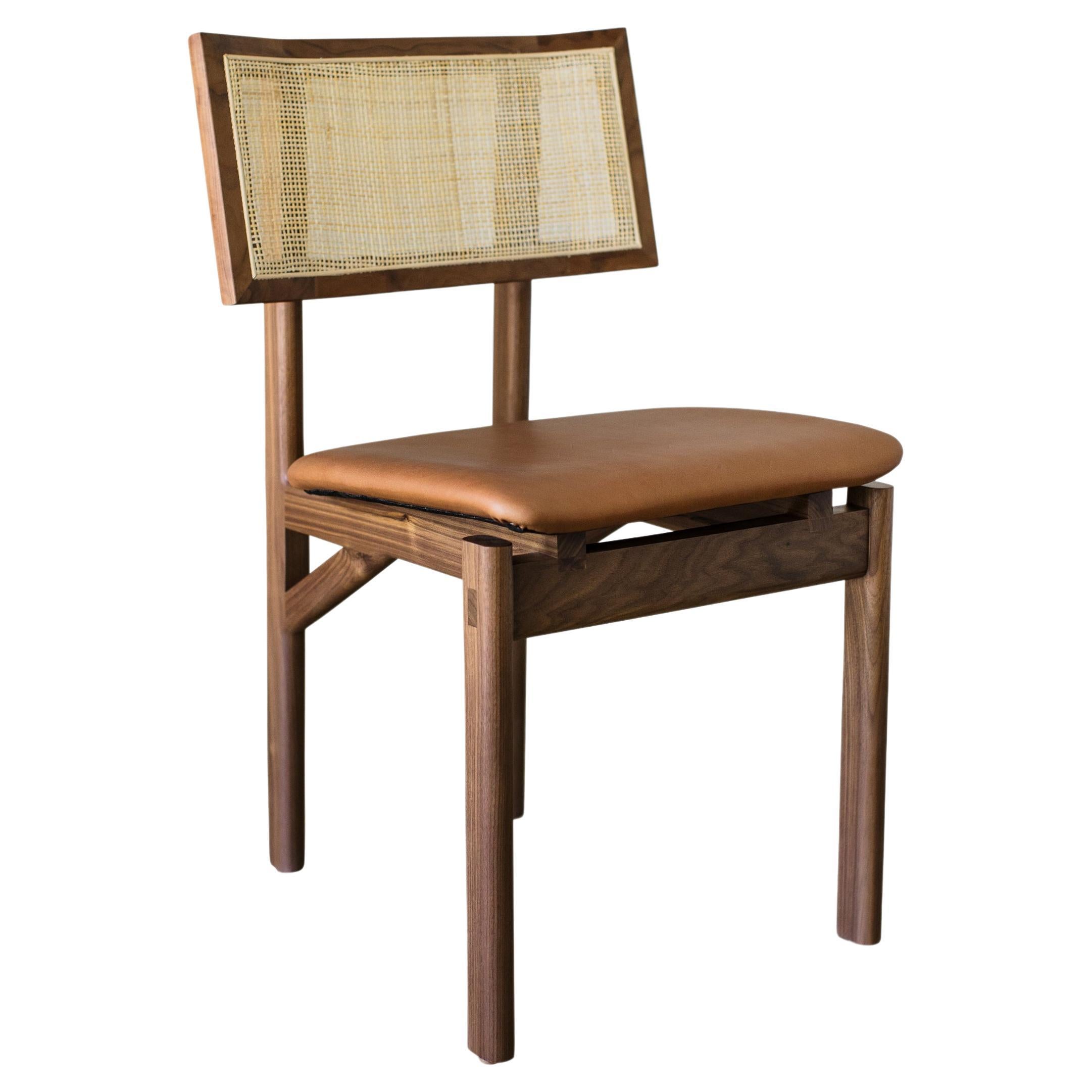 Handmade Walnut Kunai Dining Chair with Camel Leather Upholstery For Sale