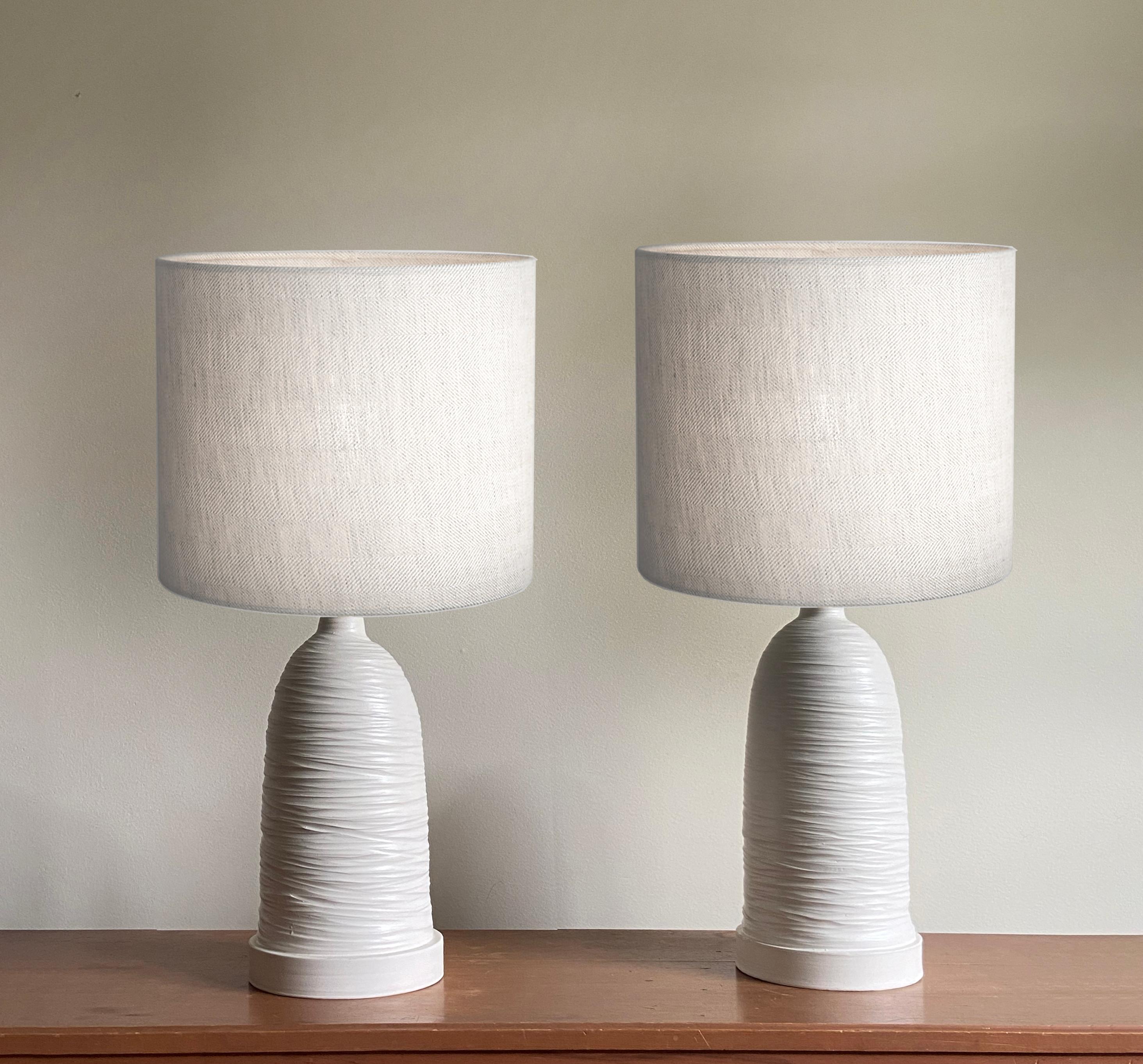Arts and Crafts Handmade Wheel-thrown Large Lamp pair Textured deco by Olivia Barry / By Hand For Sale