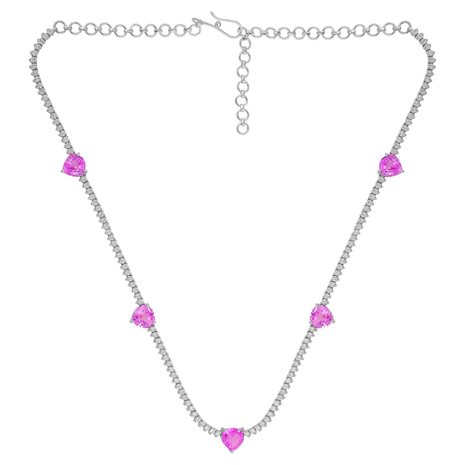 Handmade White Gold Diamond 14k White Gold Necklace with Pink Heart Gemstones For Sale 1
