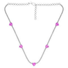 Collier en or blanc 14k fait main avec diamants et pierres précieuses en forme de coeur rose