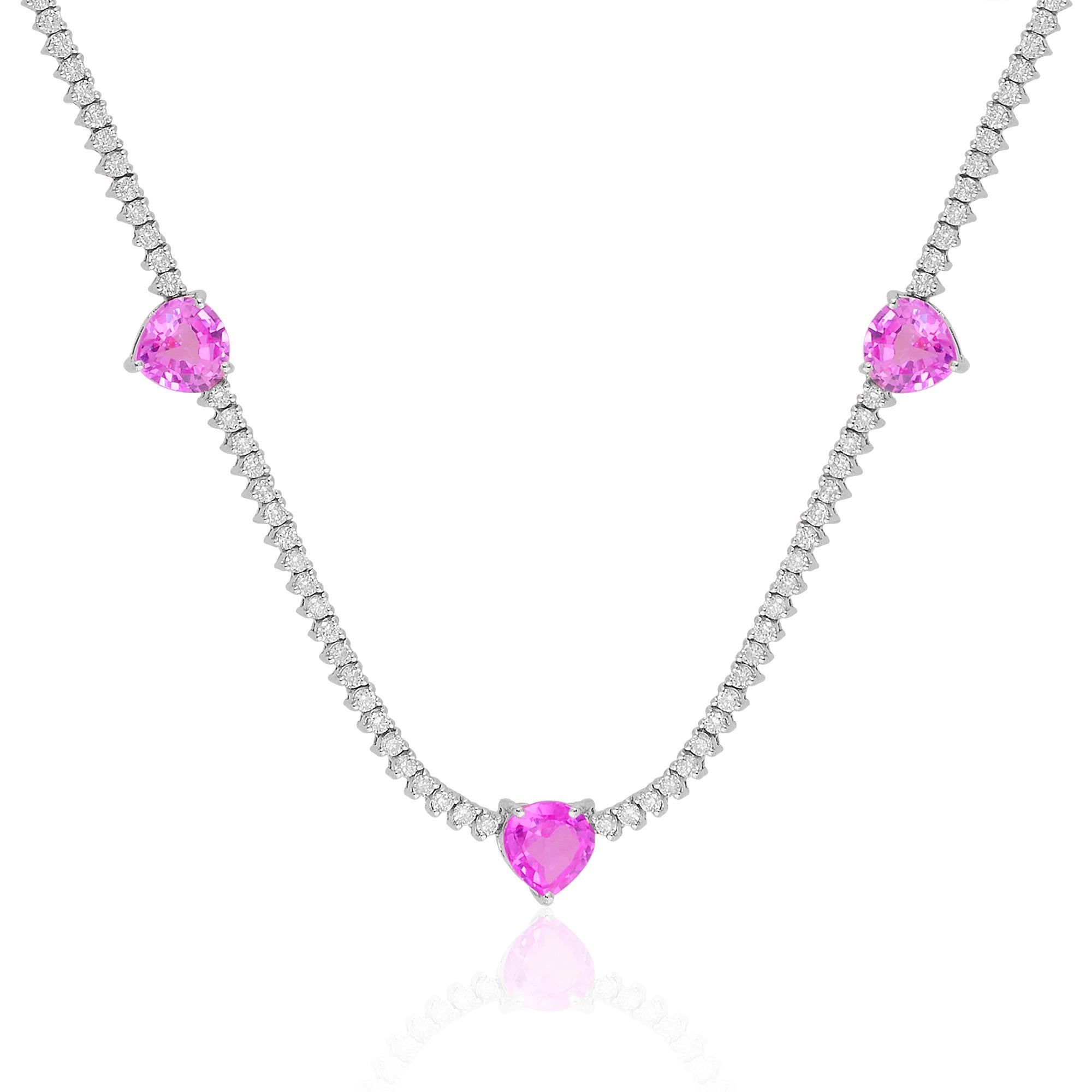 Modern 18k White Gold Round Cut Diamond with Pink Heart Gemstones Wedding Necklace For Sale