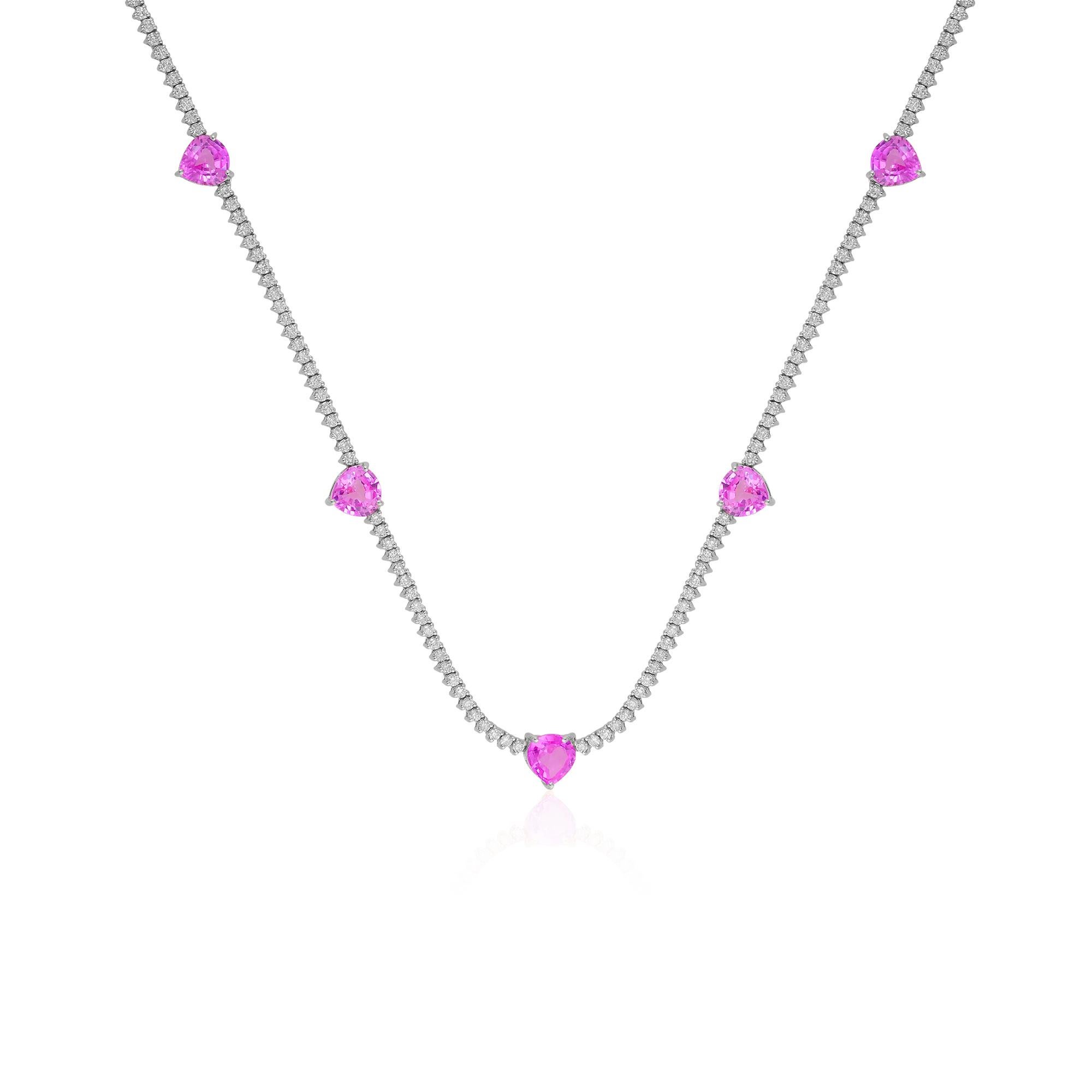 Women's 18k White Gold Round Cut Diamond with Pink Heart Gemstones Wedding Necklace For Sale
