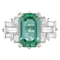 Handmade White Gold Mint Tourmaline and Baguette Diamond Geometric Ring