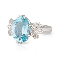Handmade White Gold Oval Aquamarine and Diamond Wings Ring