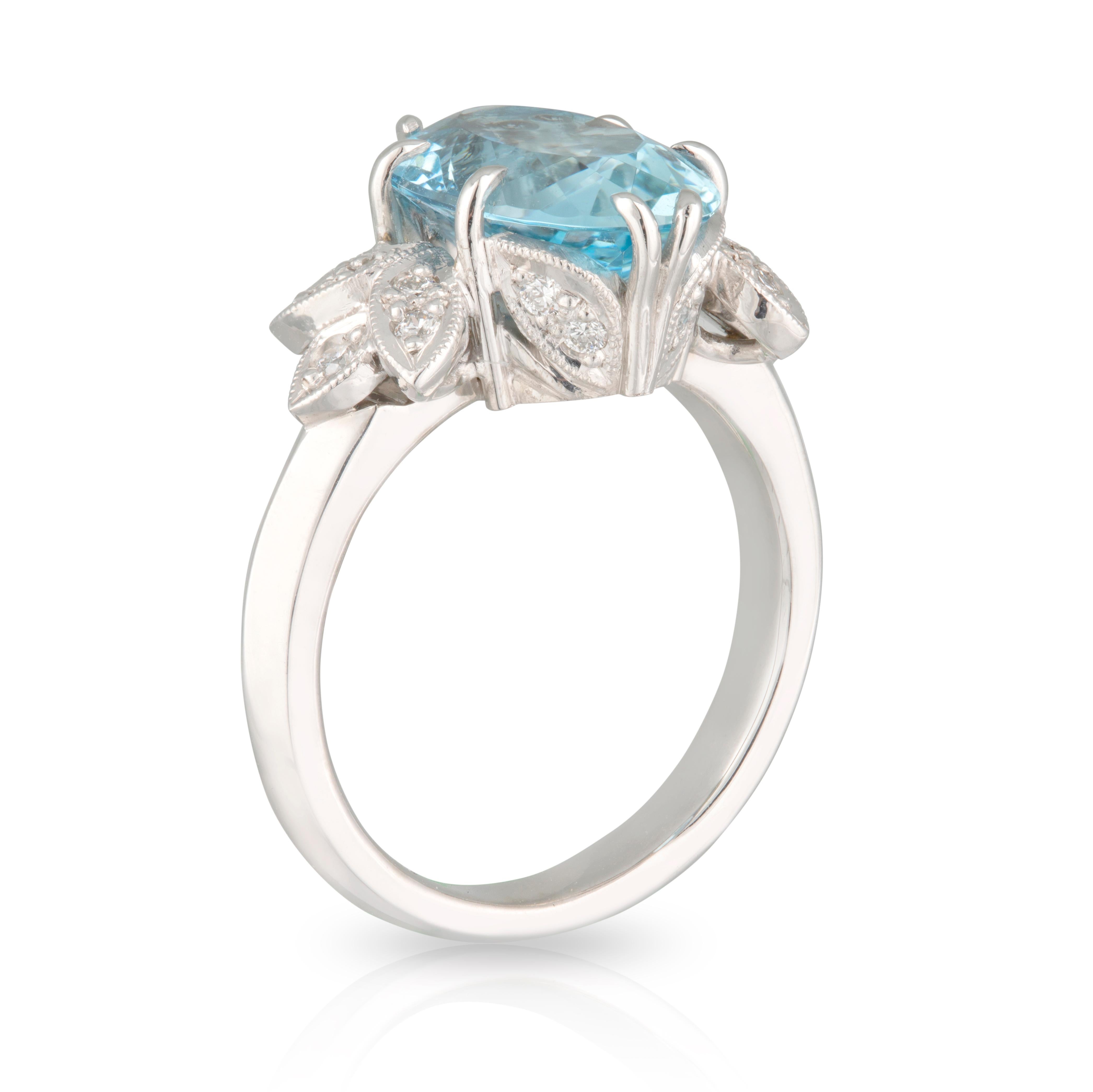 Art Deco Handmade White Gold Oval Aquamarine and Diamond Wings Ring For Sale