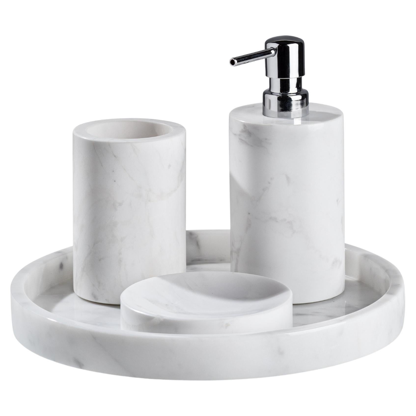 Handmade White Marble Bathroom Set with Round Tray