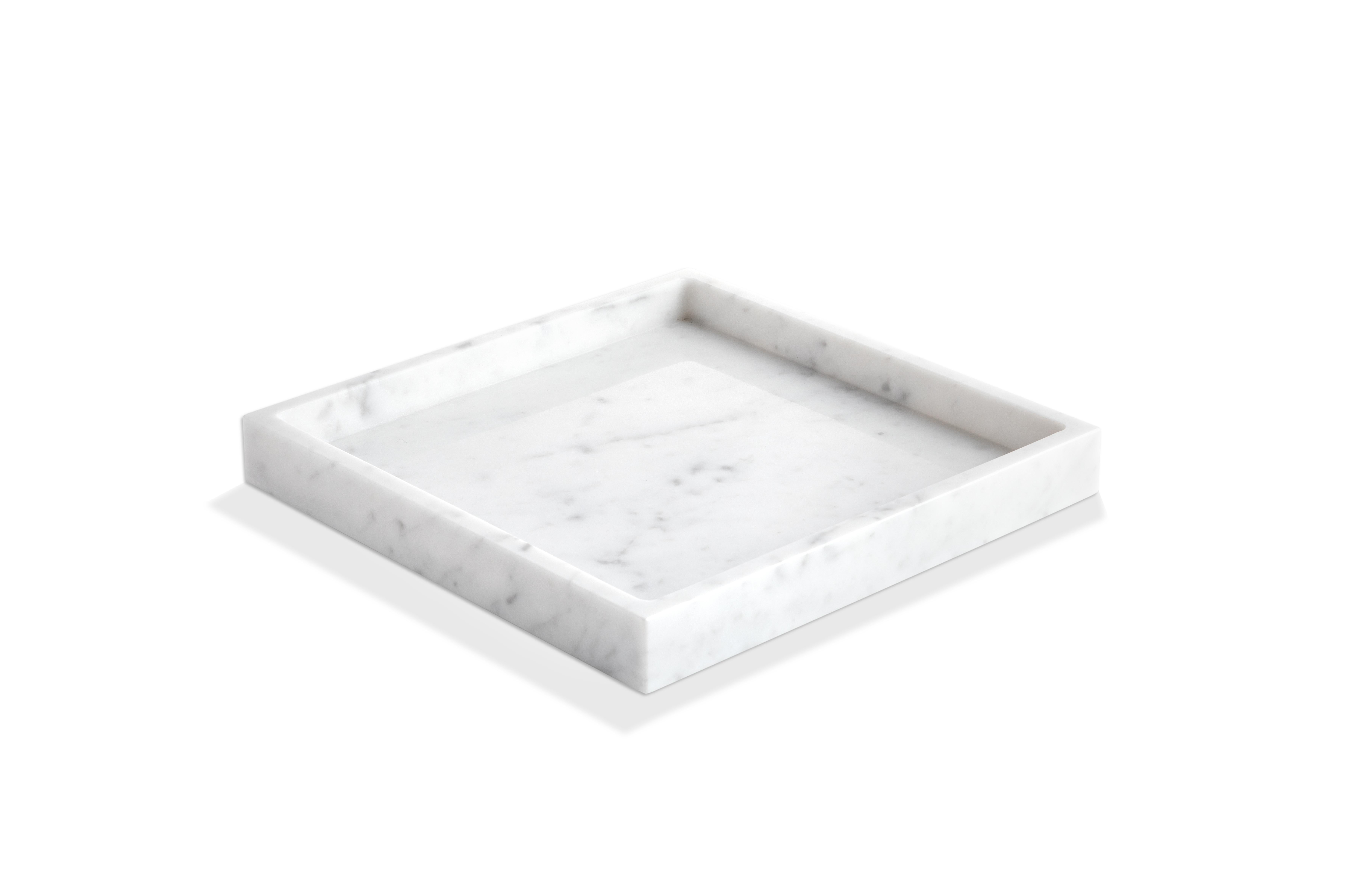 Contemporary Handmade White Marble Bathroom Set with Square Tray For Sale