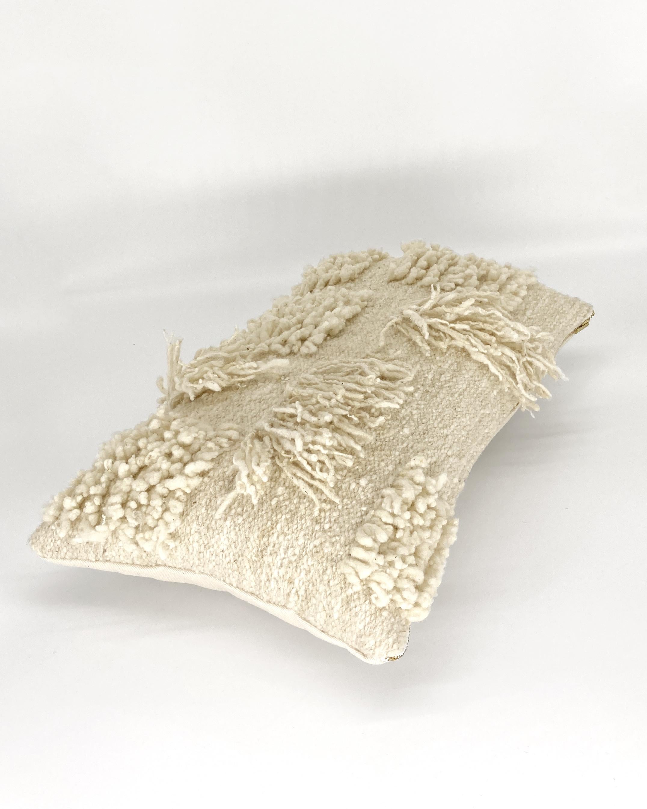 Contemporary Handmade White Organic Modern Sheep Wool Lumbar Throw Pillow, in Stock For Sale