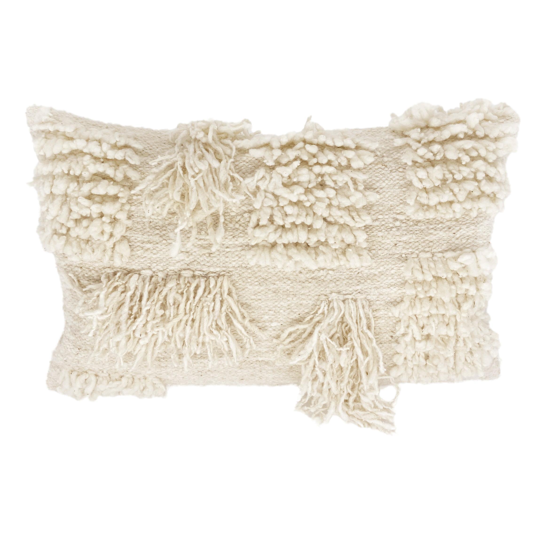 Handmade White Organic Modern Sheep Wool Lumbar Throw Pillow, in Stock For Sale