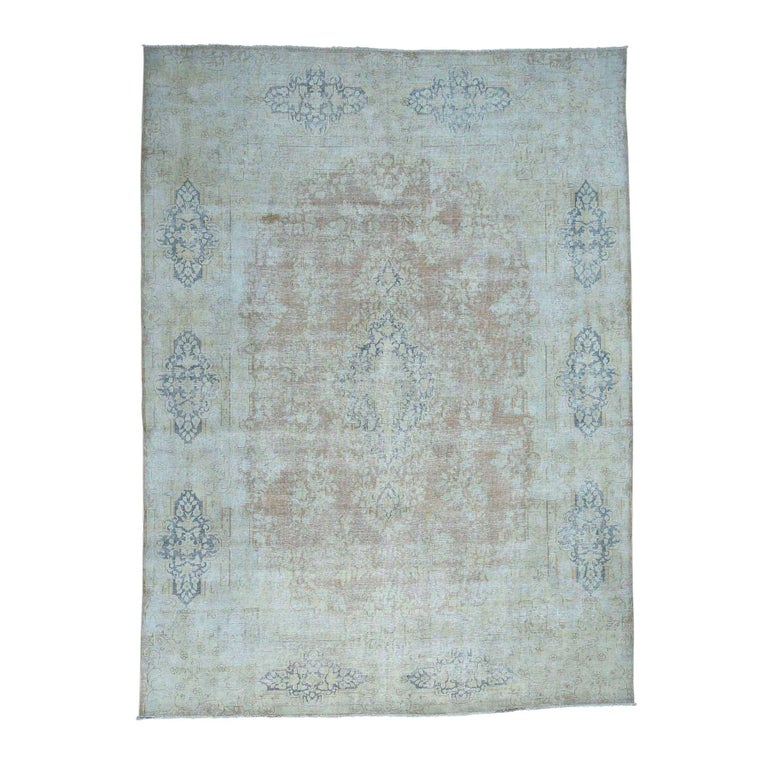 Handmade White Wash Kerman Zero Pile Shaved Thin Oriental Rug at 1stDibs