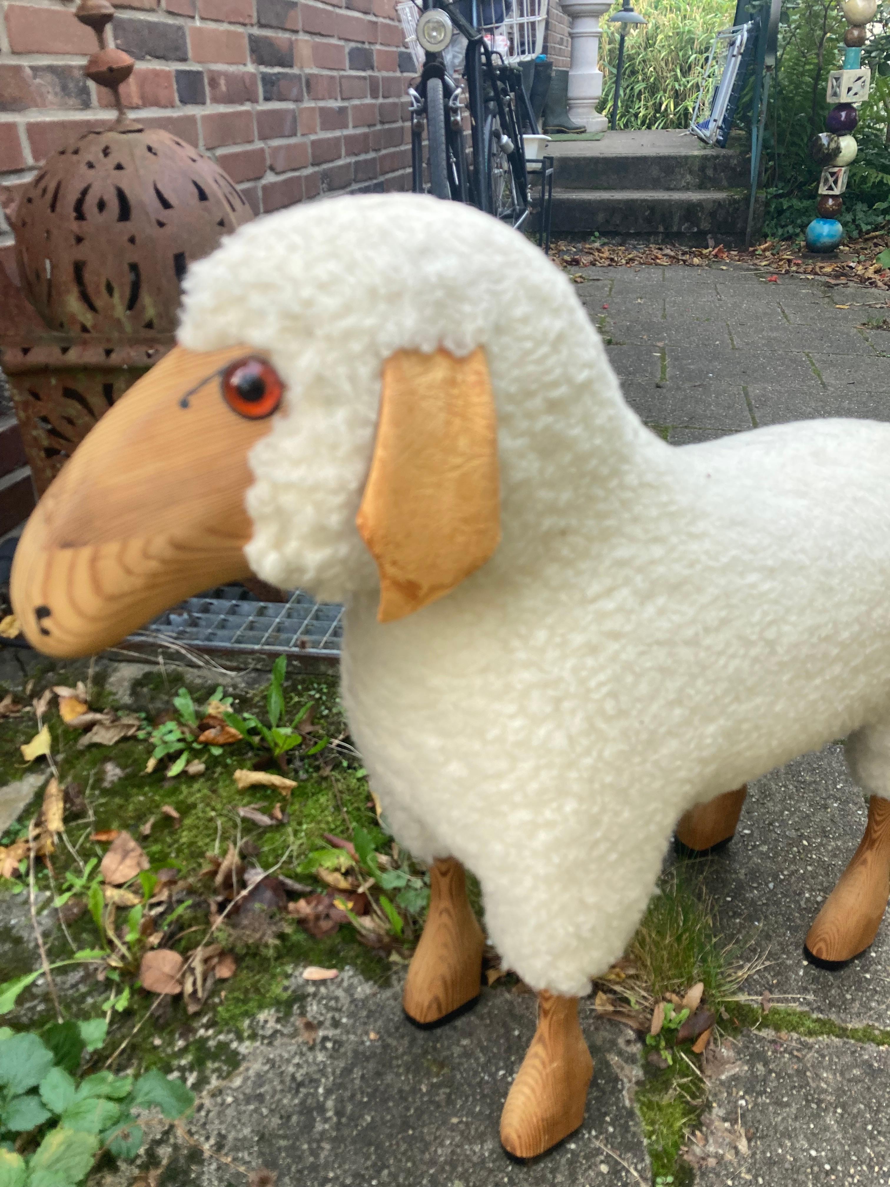 Wood Handmade  white woolly  sheep by Hans -Peter Krafft. 1970s. Made in Germany. For Sale
