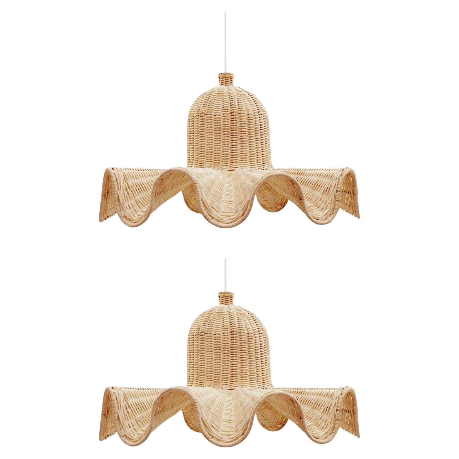 2 x Handmade Wicker Ceiling Lamp with Wavy Shapes For Sale