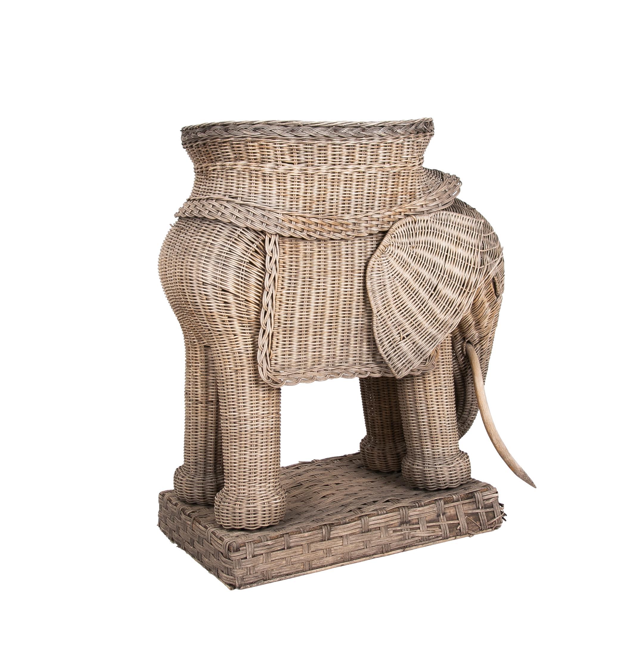20th Century Handmade Wicker Elephant Side Table For Sale