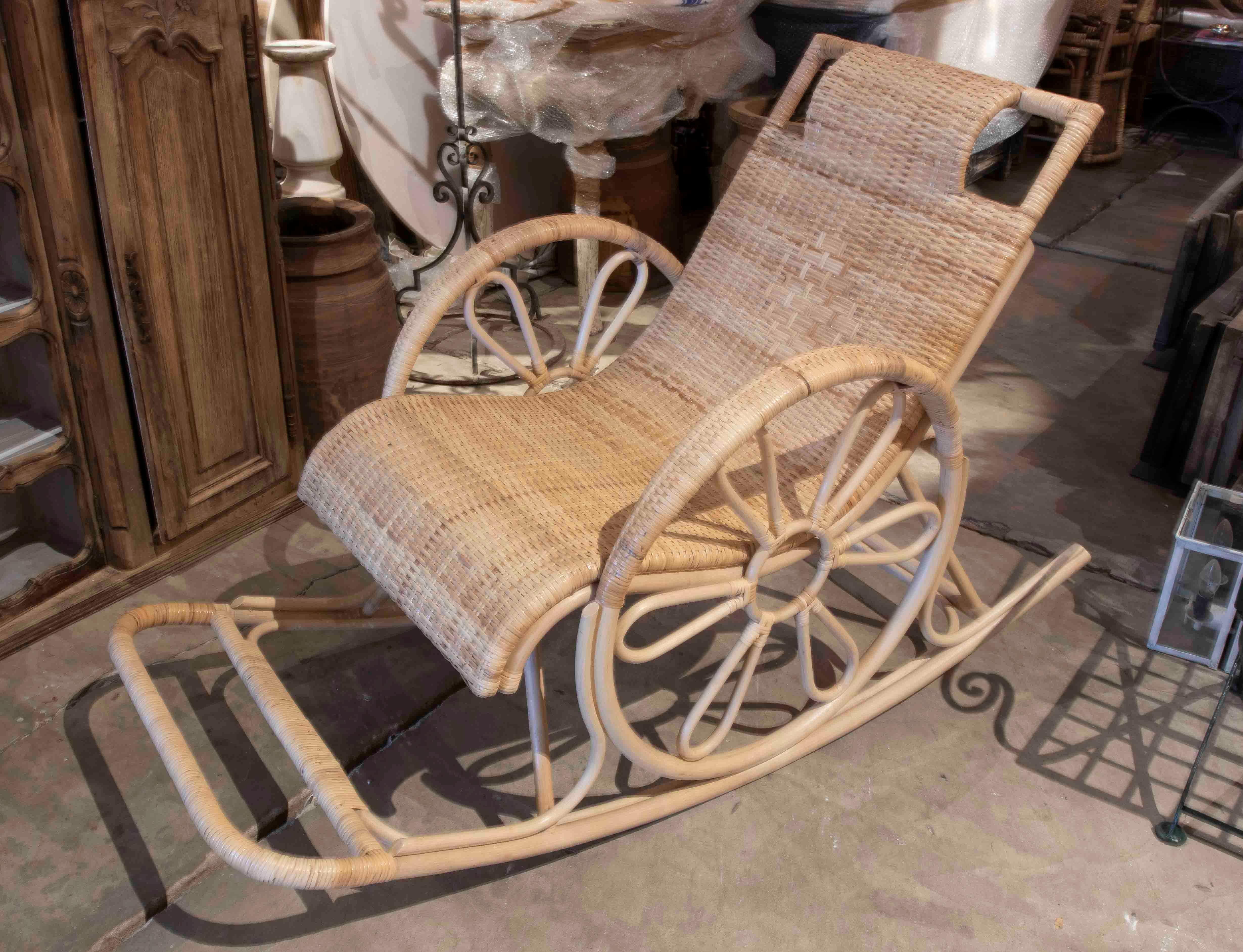 European Handmade Wicker Rocking Chair with Armrests For Sale