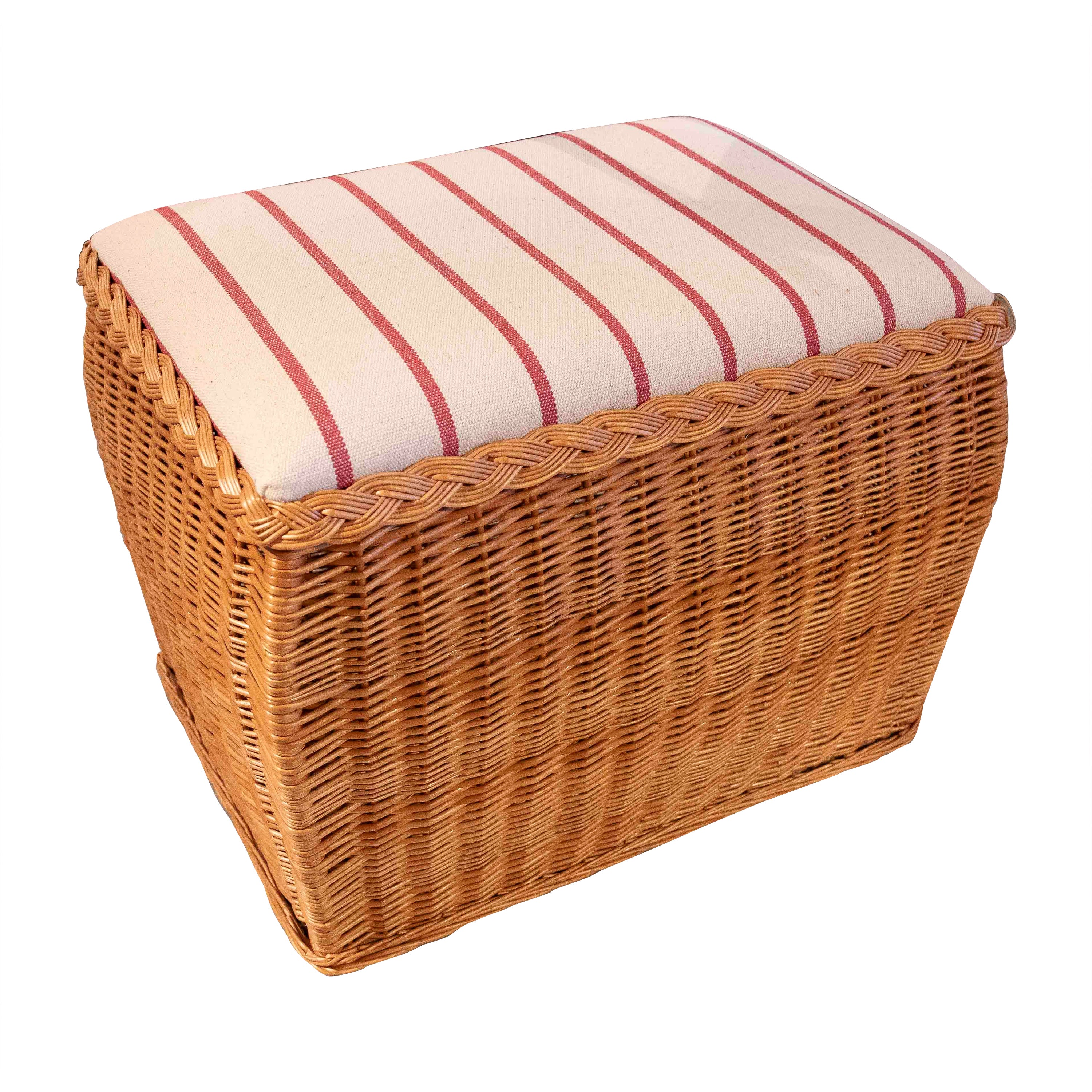 Handmade Wicker Stool with Striped Upholstered Cushion