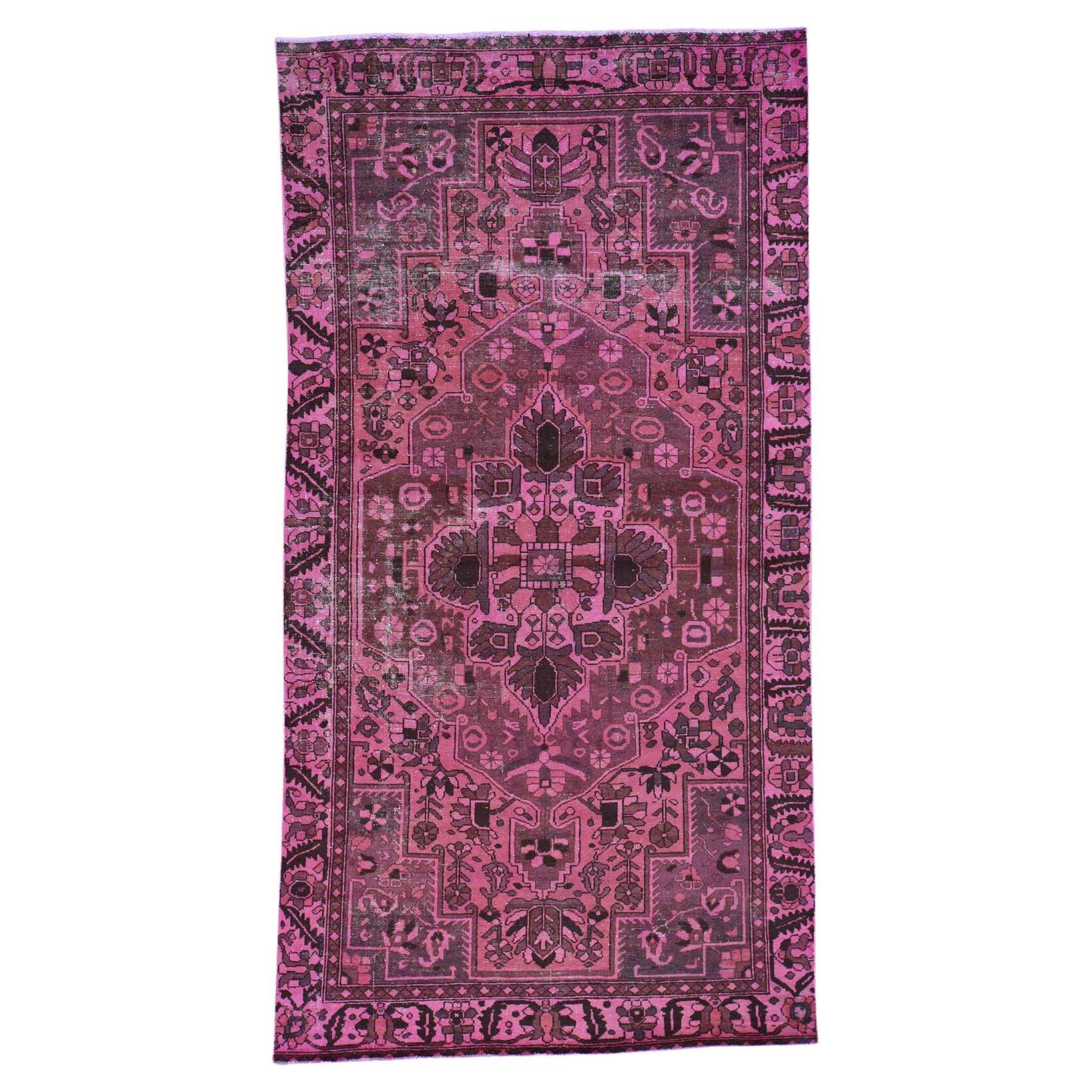 Handmade Overdyed Persian Hussainabad Vintage Distressed Wide Runner Wool Rug For Sale at 1stDibs