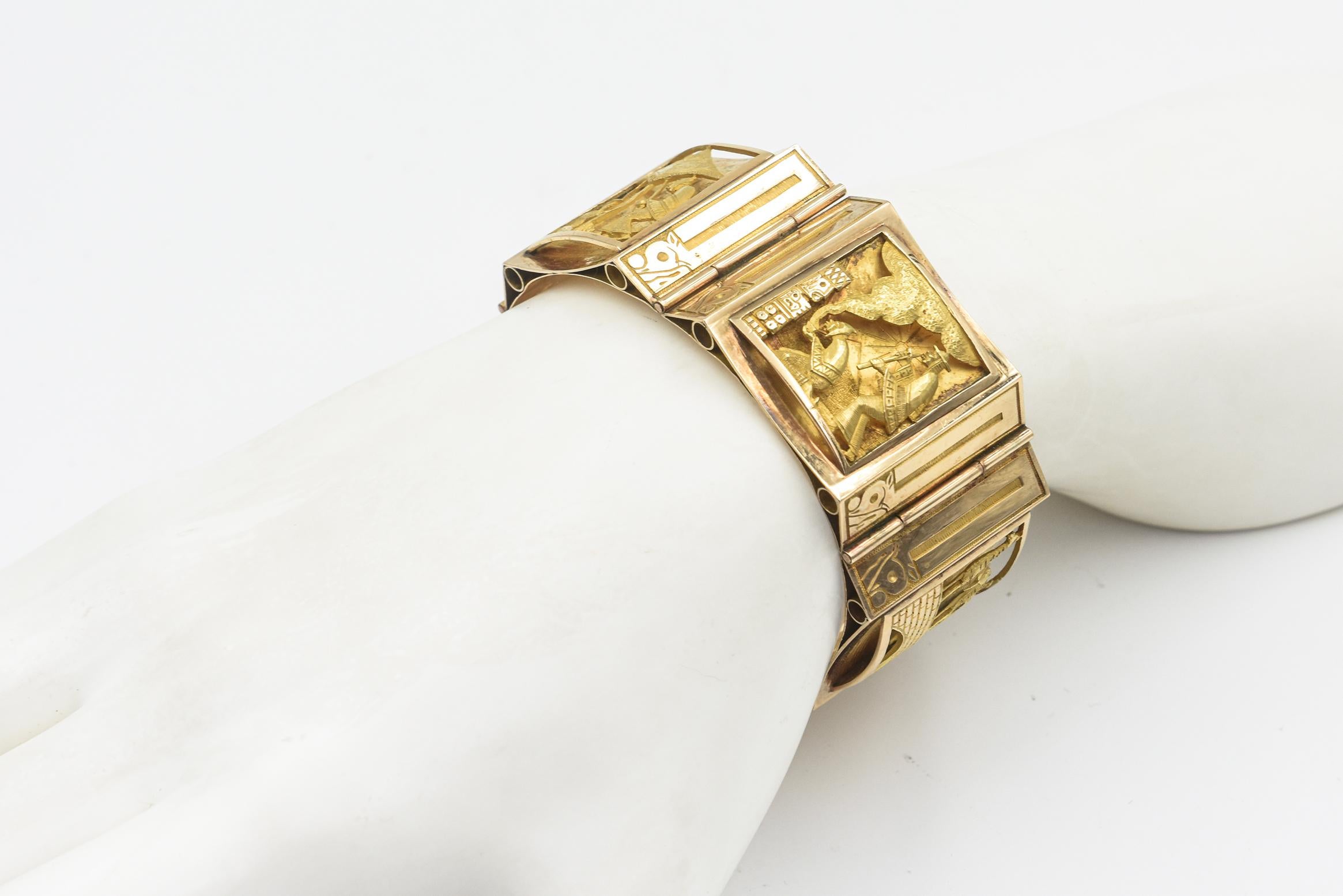 Handmade Wide Three Dimensional Figural Scenic Yellow Gold Bracelet  For Sale 6