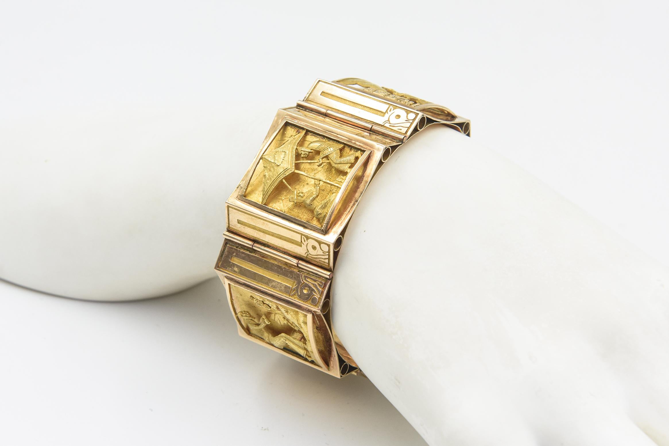 Handmade Wide Three Dimensional Figural Scenic Yellow Gold Bracelet  For Sale 7