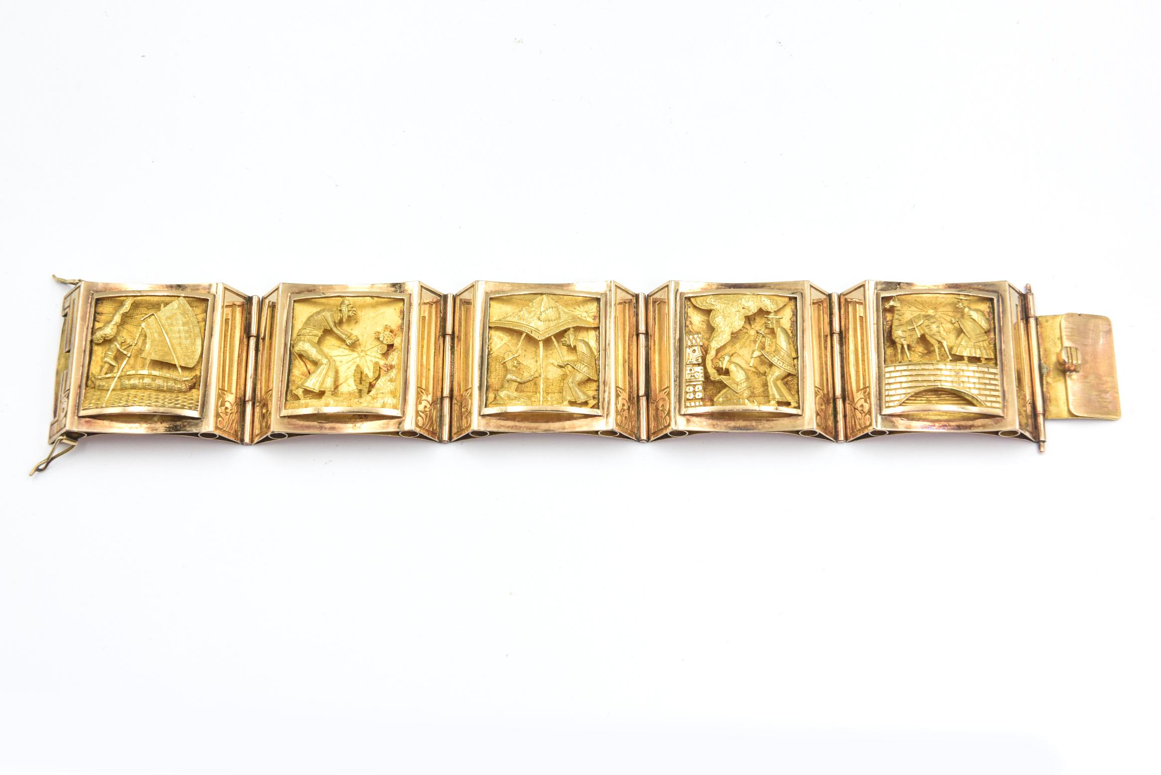 Handmade Wide Three Dimensional Figural Scenic Yellow Gold Bracelet  In Good Condition For Sale In Miami Beach, FL