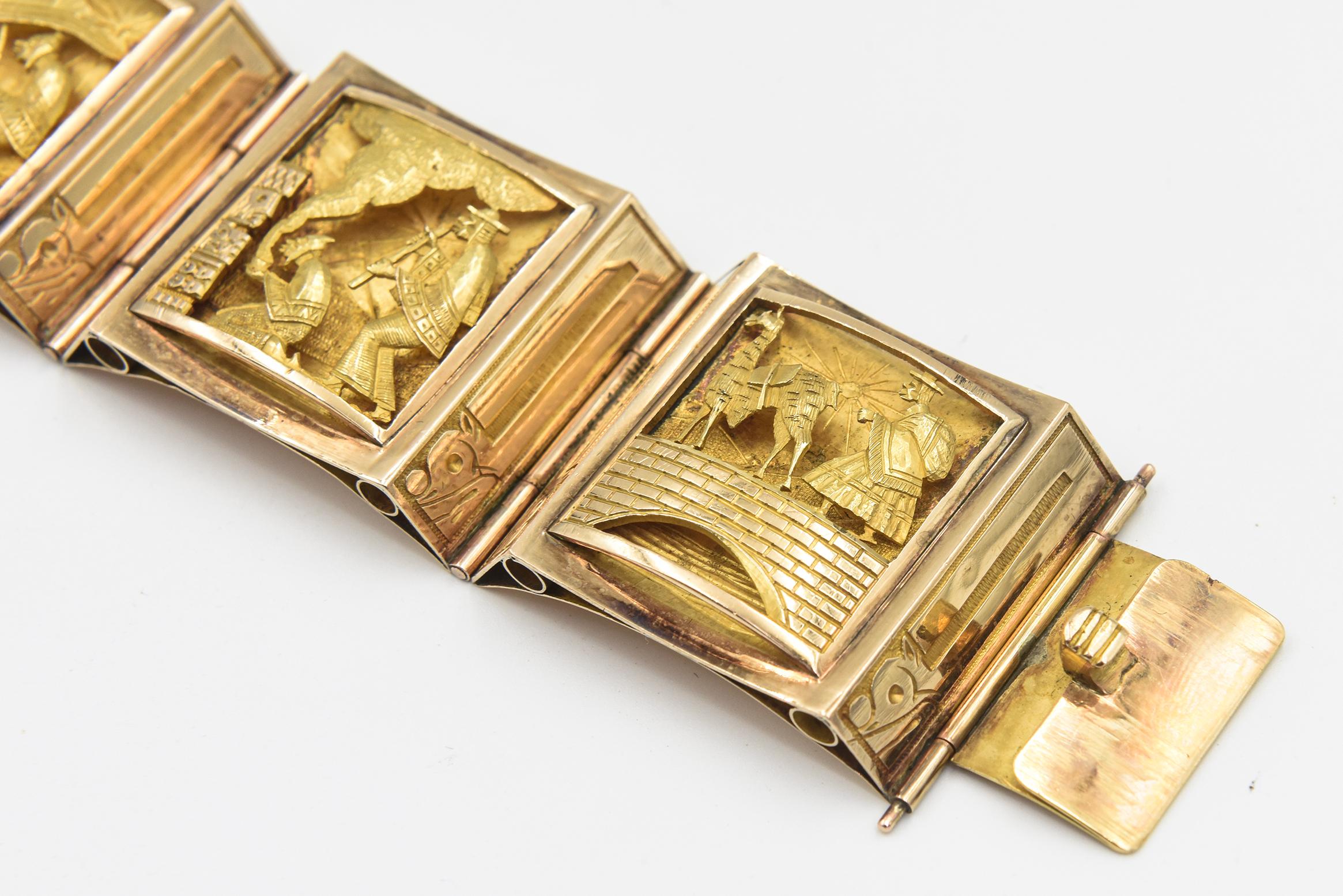 Handmade Wide Three Dimensional Figural Scenic Yellow Gold Bracelet  For Sale 1