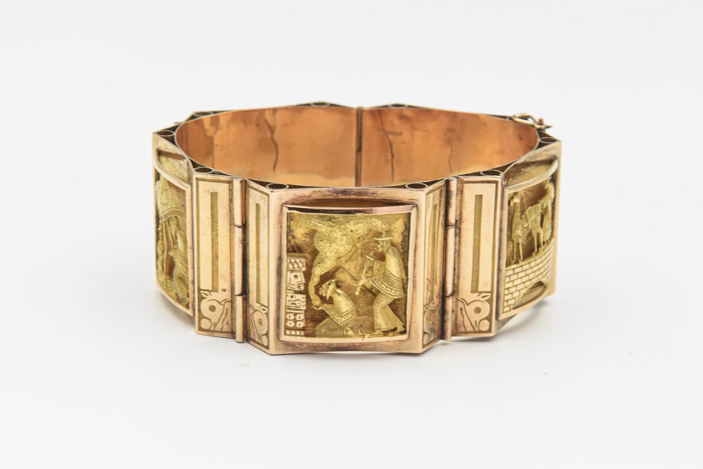 Handmade Wide Three Dimensional Figural Scenic Yellow Gold Bracelet  For Sale 4