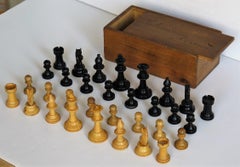 Handmade Wood Chess Set Complete Game in Pine Lidded Box, circa 1920