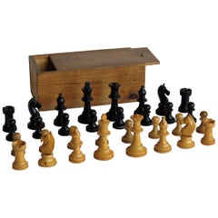 Handmade Wood Chess Set Complete Game in Pine Lidded Box, circa 1920