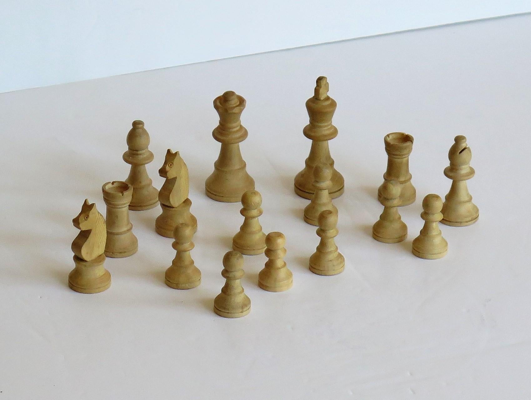 Handmade Wood Complete Chess Set Game in Pine Lidded Box, circa 1930 3