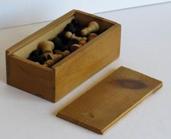 Handmade Wood Complete Chess Set Game in Pine Lidded Box, circa 1930