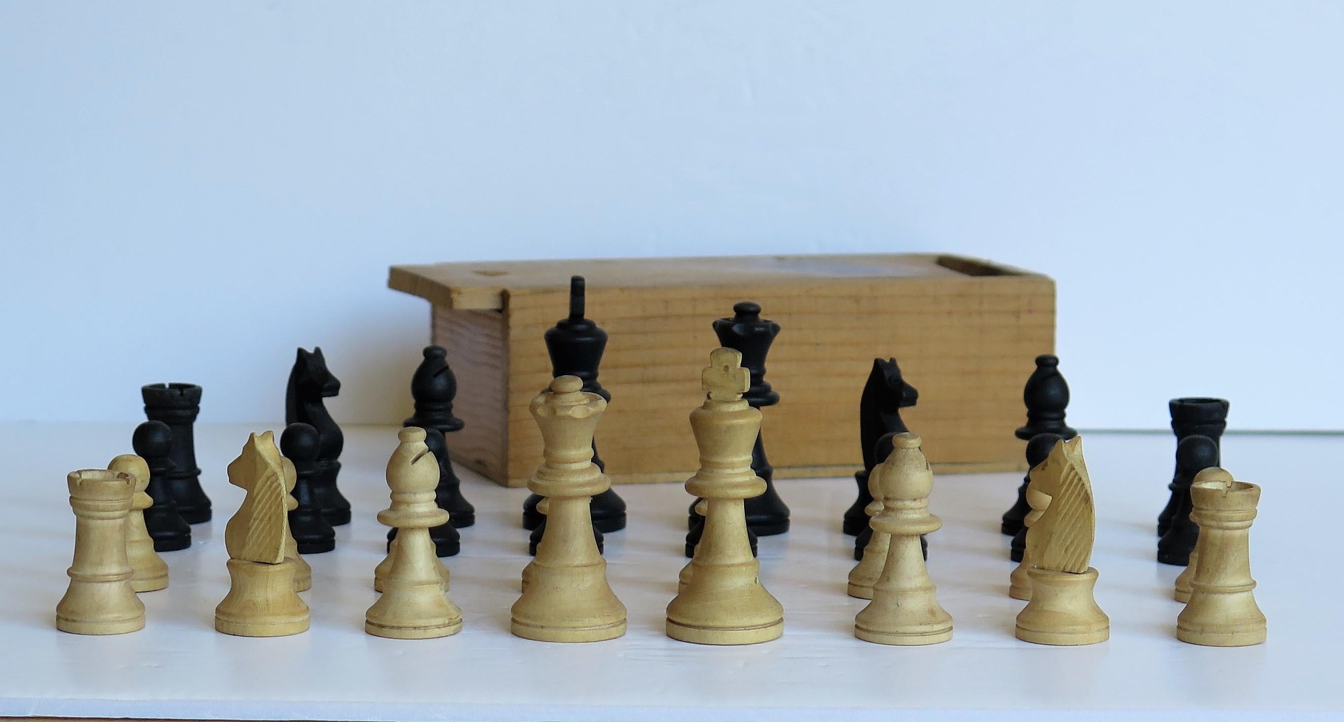 Folk Art Handmade Wood Complete Chess Set Game in Pine Lidded Box, circa 1930