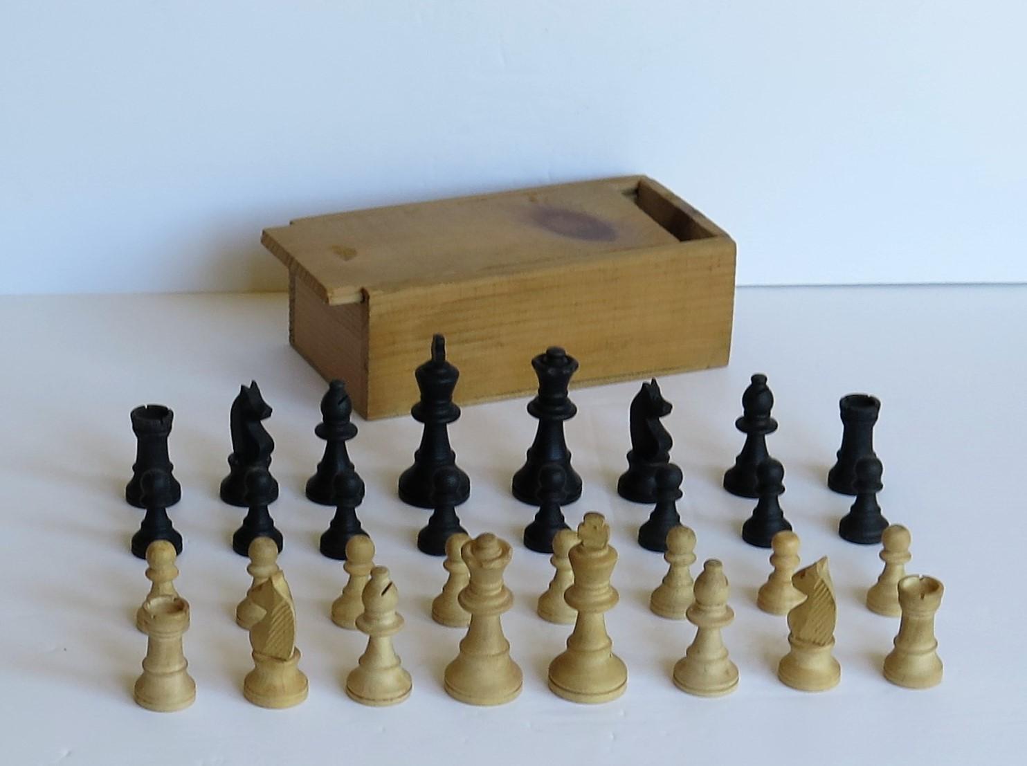 Hand-Crafted Handmade Wood Complete Chess Set Game in Pine Lidded Box, circa 1930