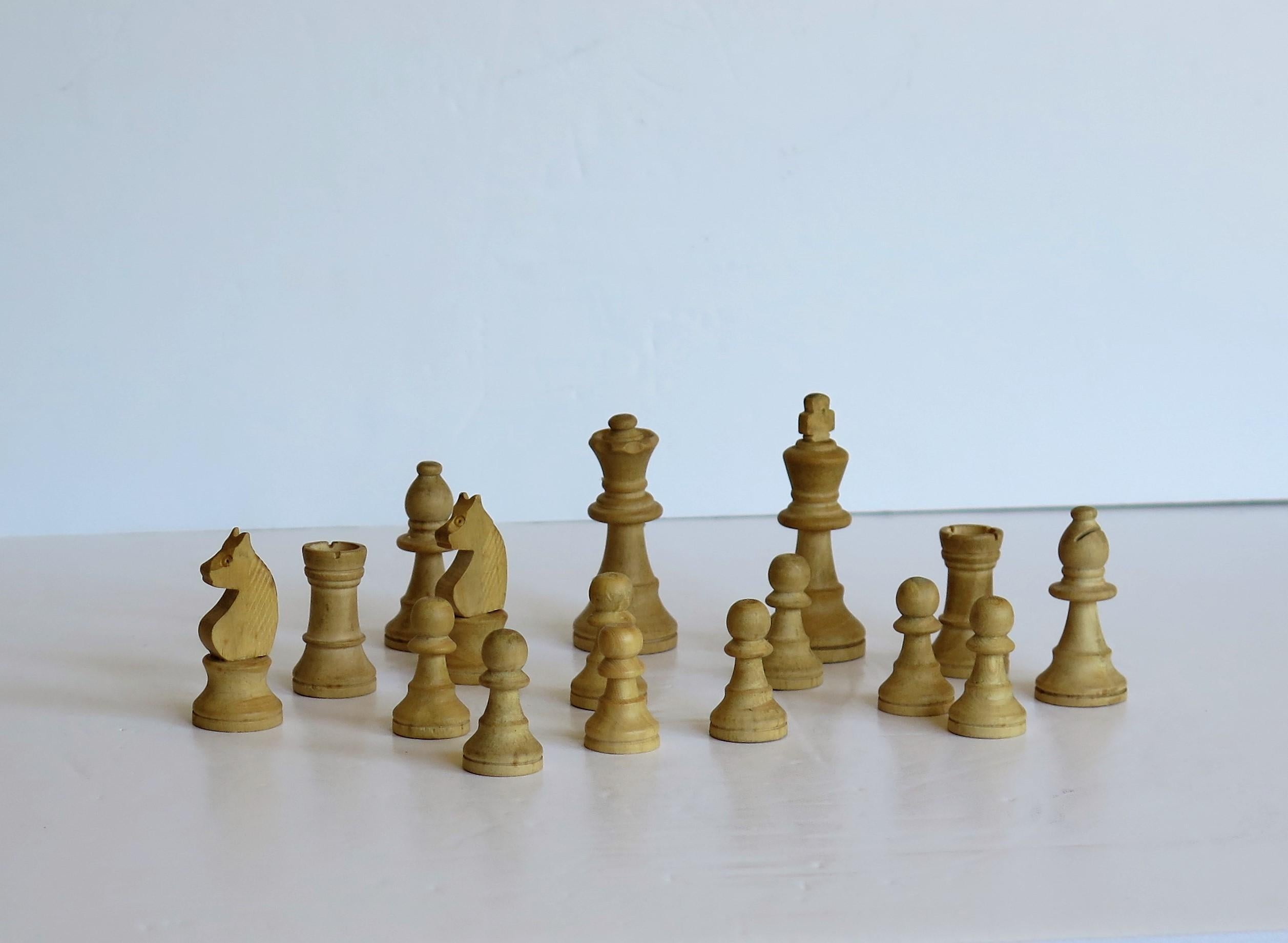 Handmade Wood Complete Chess Set Game in Pine Lidded Box, circa 1930 2