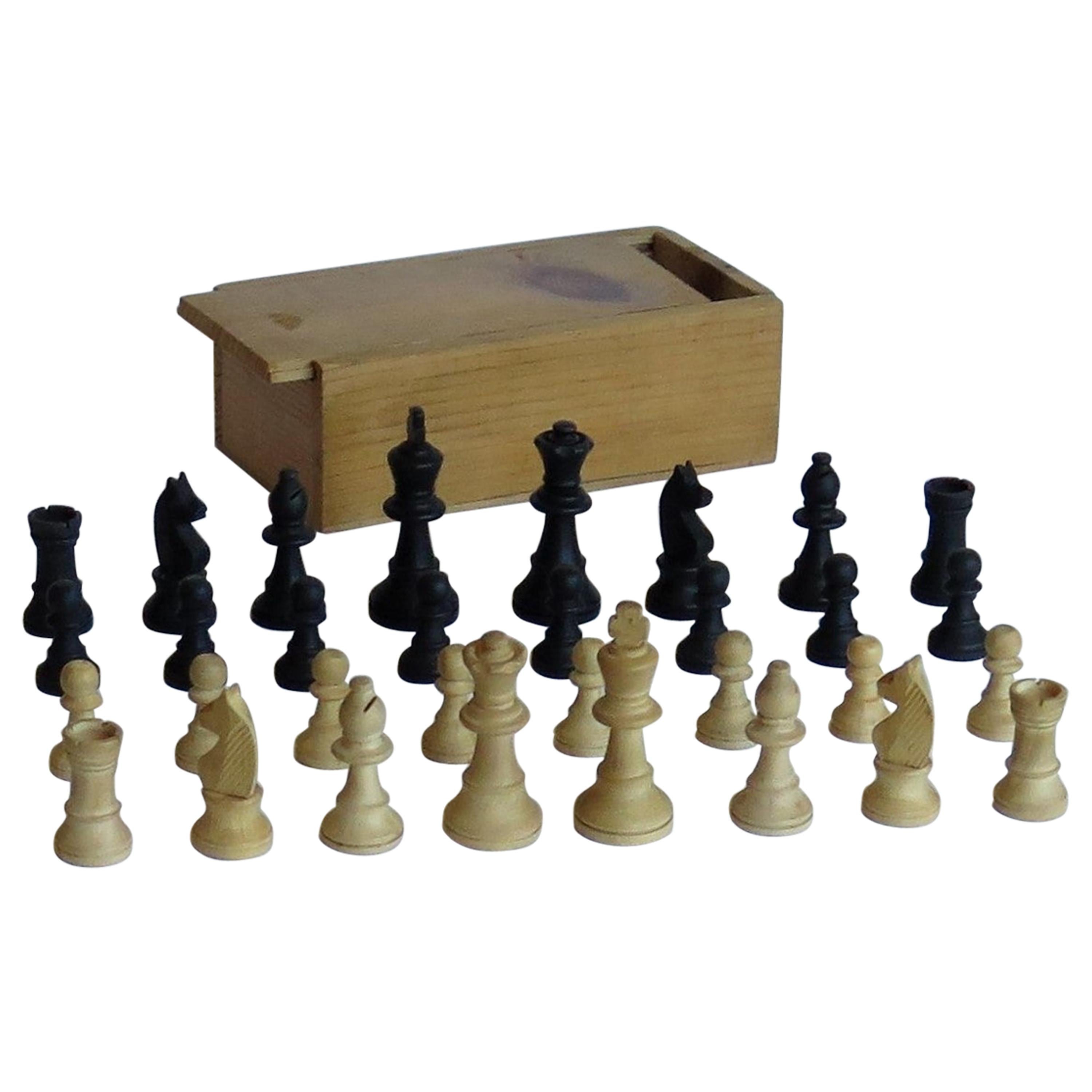 Handmade Wood Complete Chess Set Game in Pine Lidded Box, circa 1930