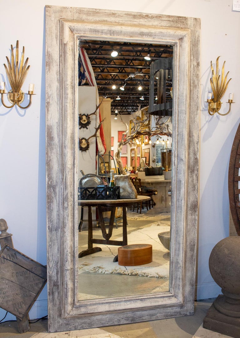 Handmade Wood Floor Mirror in Handpainted Greige Finish at 1stDibs