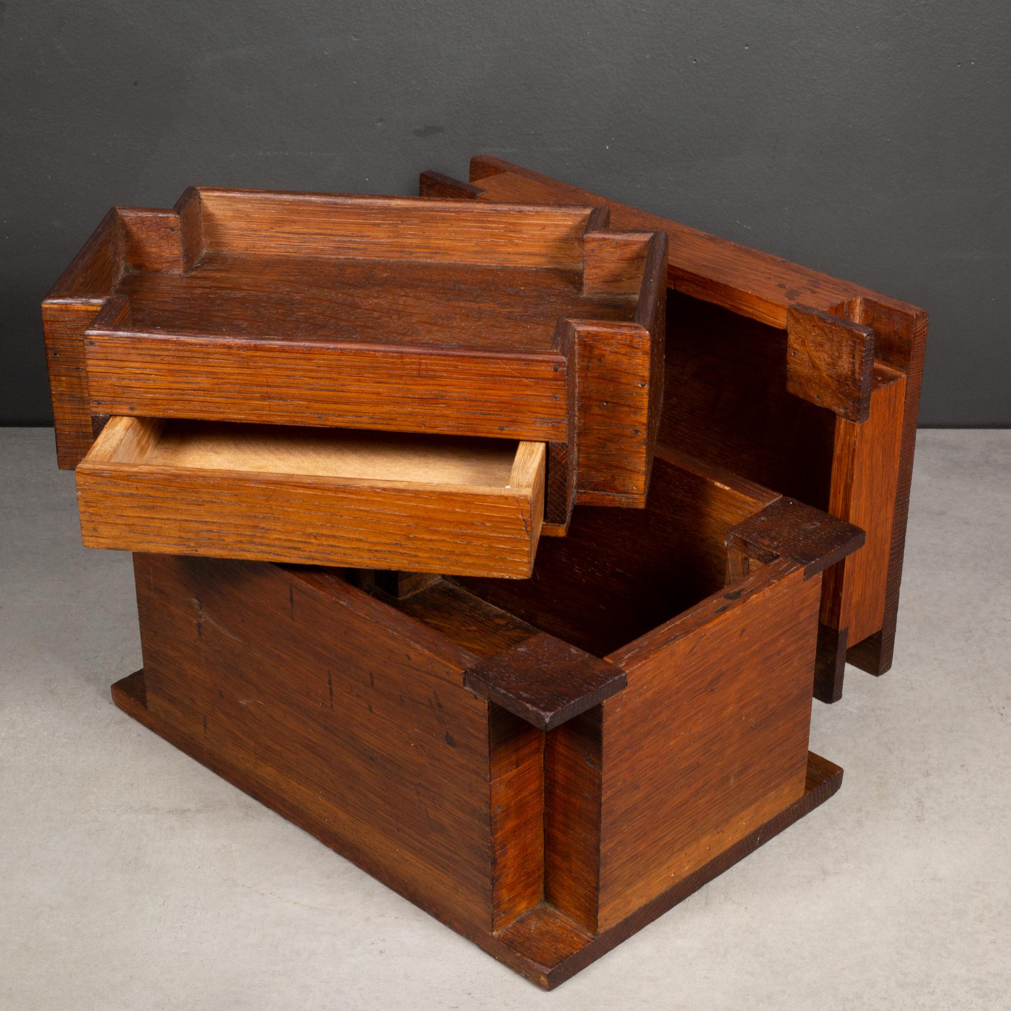 ABOUT

A late 19th/early 20th century handmade wooden box with inner removable tray and secret drawer. Solidly constructed with dovetail joints. 

    CREATOR Unknown.
    DATE OF MANUFACTURE c.1880-1920. 
    MATERIALS AND TECHNIQUES Wood.
   