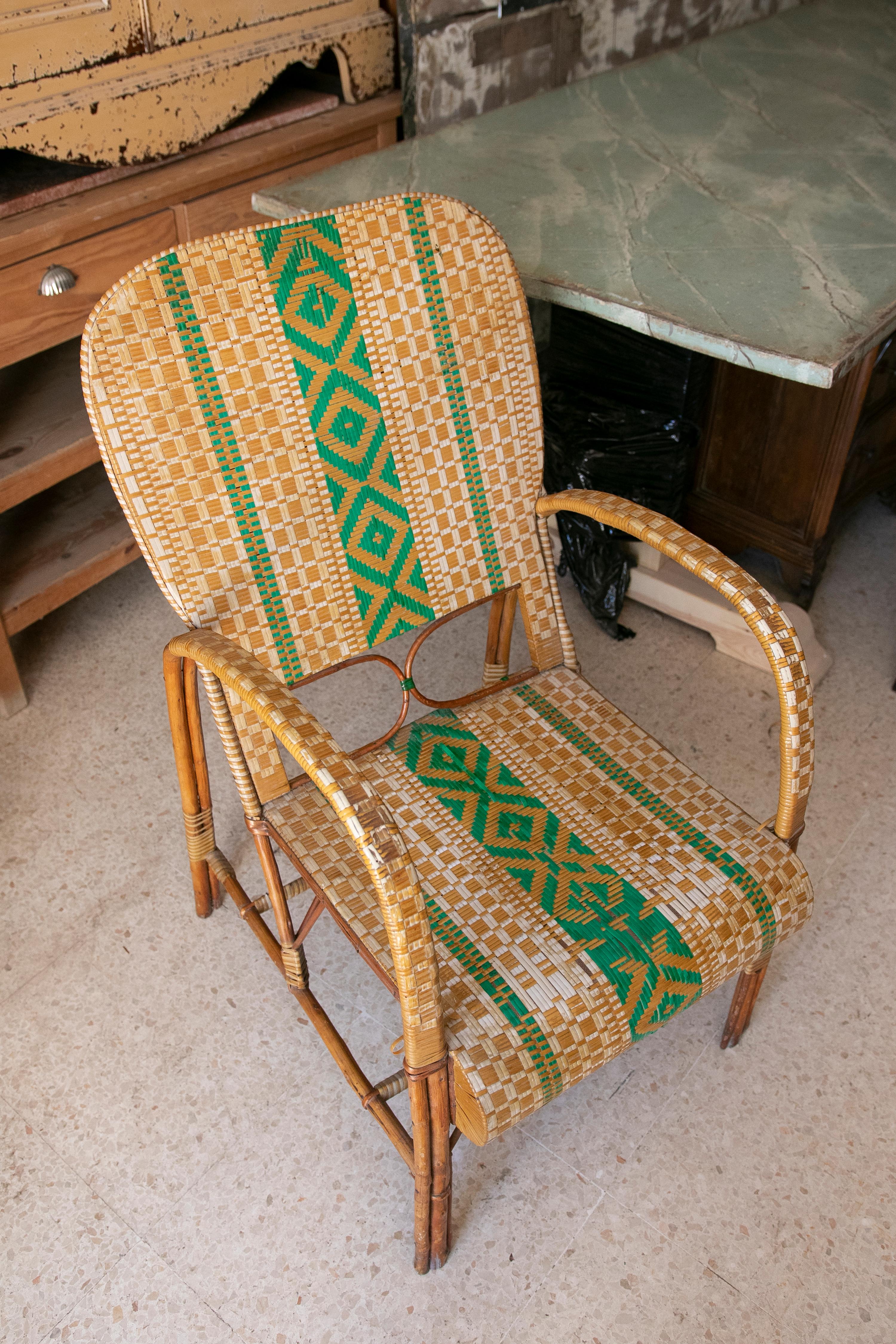 Handmade Wooden, Wicker and Plastic Armchair in White and Green colour  For Sale 12