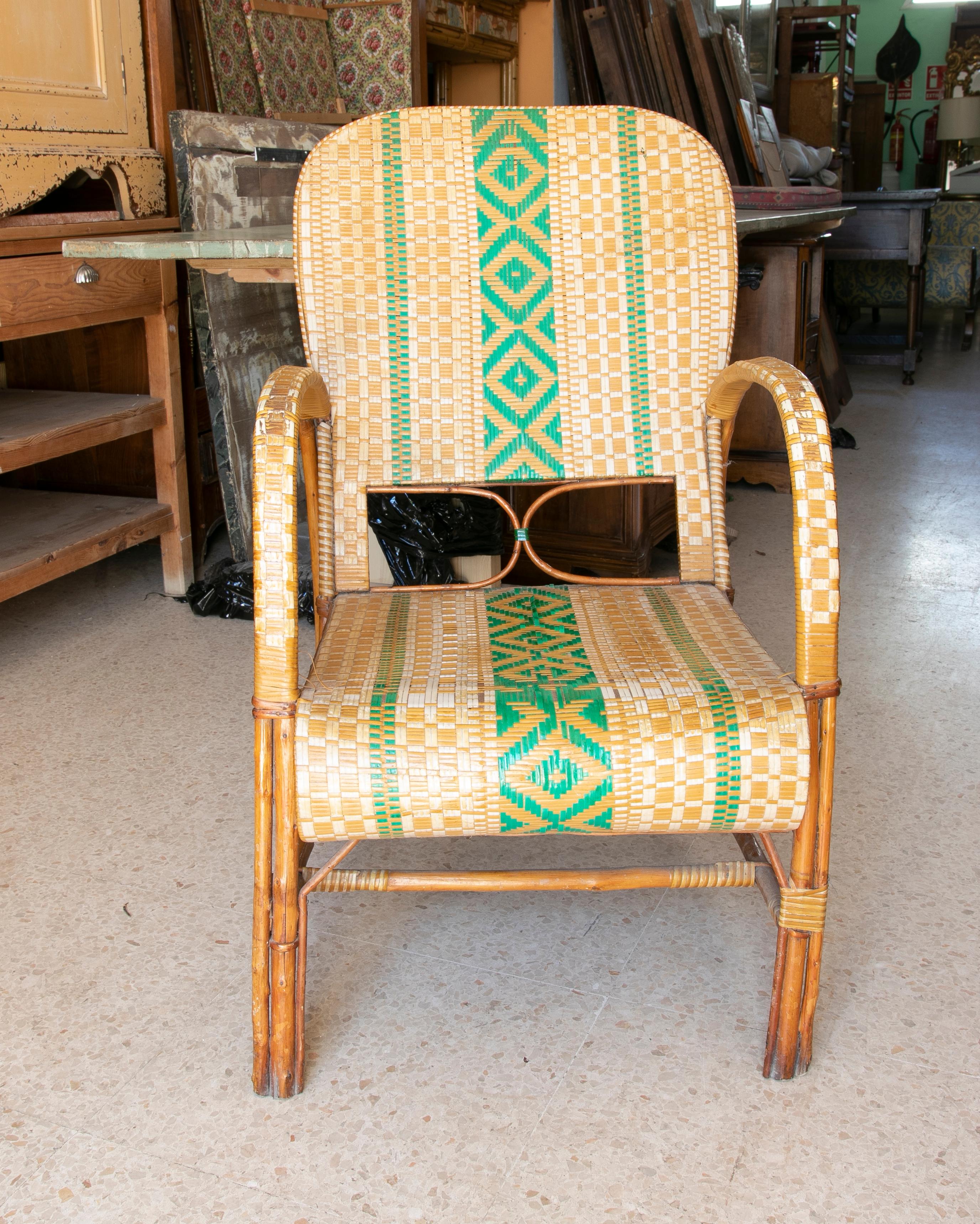 Spanish Handmade Wooden, Wicker and Plastic Armchair in White and Green colour  For Sale
